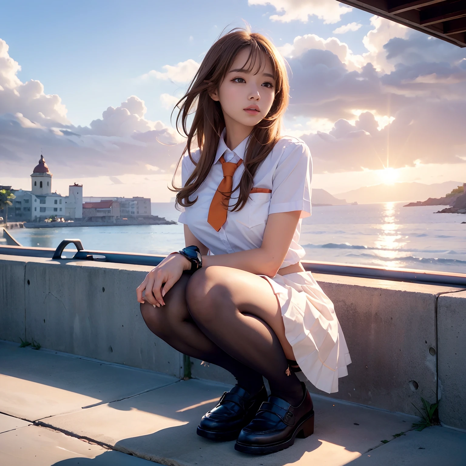 top-quality, masterpiece, Shoot from your feet, Beautiful High School Girl, Medium_bob_hair, Light_brown beautiful hair, She squatting, Opening legs, Sandy beach, plump big breasts, Constricted waist, beautiful eyes of light brown, high-school uniform, White blouses, pleatedskirt, Black loafers, showing the panty, panties focus, White lace panties, Sunset over the sea, Red Sky, Madder clouds, Beautiful orange sea, Canon EOS, Sigma 75mm, F