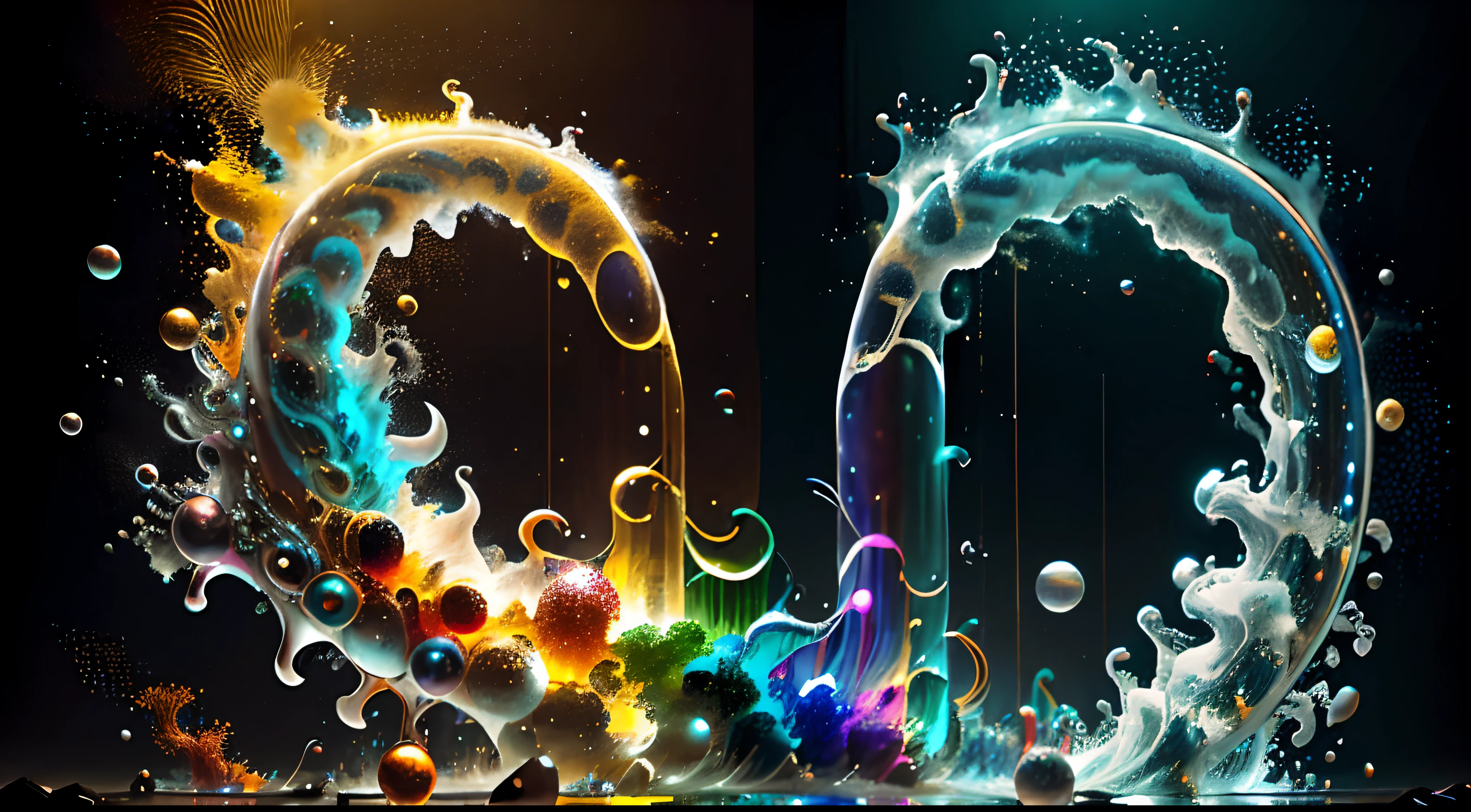 Obra de Arte abstracto multicolor en movimiento.Arte de Alberto Severo. Un primer plano de chorros y corrientes de metales preciosos fundidos que chocan entre si y forman , inmensas cantdades de gotas multicolores y chorros metalicos de oro, plata, cobre mercurio, que burbujean ,explotan ,remolinean y fluyen y ocupan todo el espacio, nubes de fluidos de colores metalicos dorados, plateados, cobrizos brillantes y tornasolados,burbujas tornasoladas, ,remolinos de gotas tornasoladas que giran y escapan.Crea una fascinante obra de arte abstracta con un enfoque en la fluidez y el movimiento. Utilice una paleta de colores rica y diversa, Blend tones seamlessly to evoke a sense of continuous movement, Background of psychedelic fuids in motion. Arte de los fluidos en movimiento