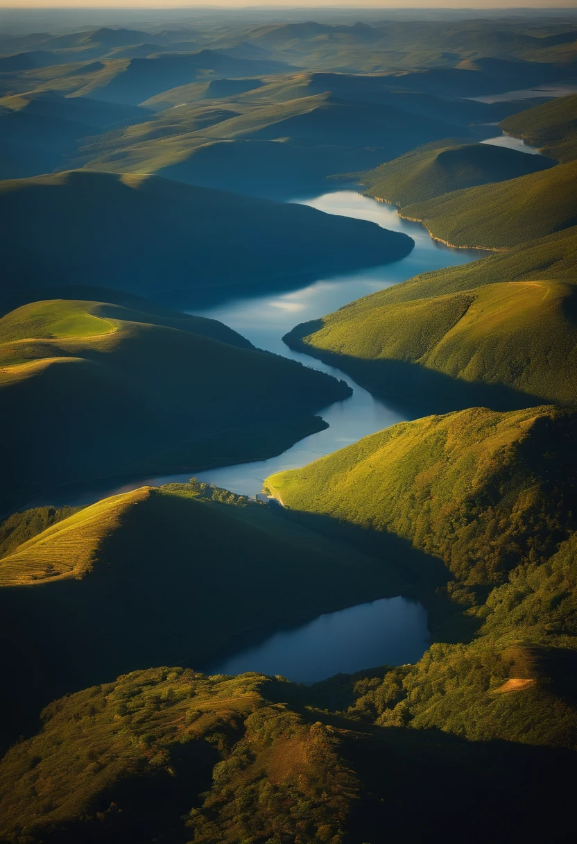 a vast beautiful landscape seen from the very high sky, photo realistic