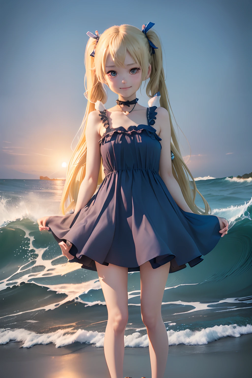 CG Digital Rendering,((Cute 3D Anime Slender Girl Rendering)),(((on the coast))),(((Slender girl with long blonde twin tails))),((())),((Blue color dress)),See distant viewers,(((Bright lighting))),(((Reach out to your audience))).summertime,((A smile)),((Show your palm to the viewer)),Full body like,((Big wave))