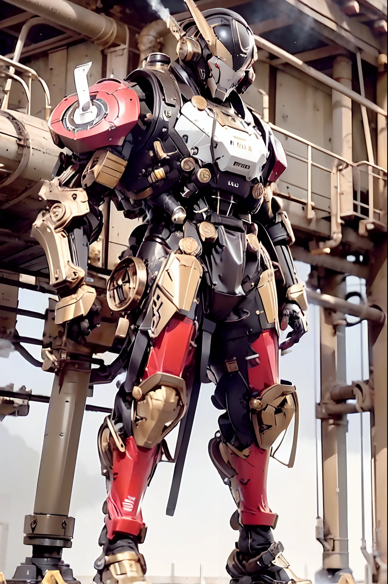 Masterpiece, centered image, front facing, full body portrait photography of ironman wearing futuristic steampunk robotic suit, bulky, muscular, ((steam engine, steam-mechanical, heavy retro-machine, steam pipes, red and gold color)) red and gold color, hyper realistic, hyper detailed mechanical, clean sharp image, 16K, HD, High Quality