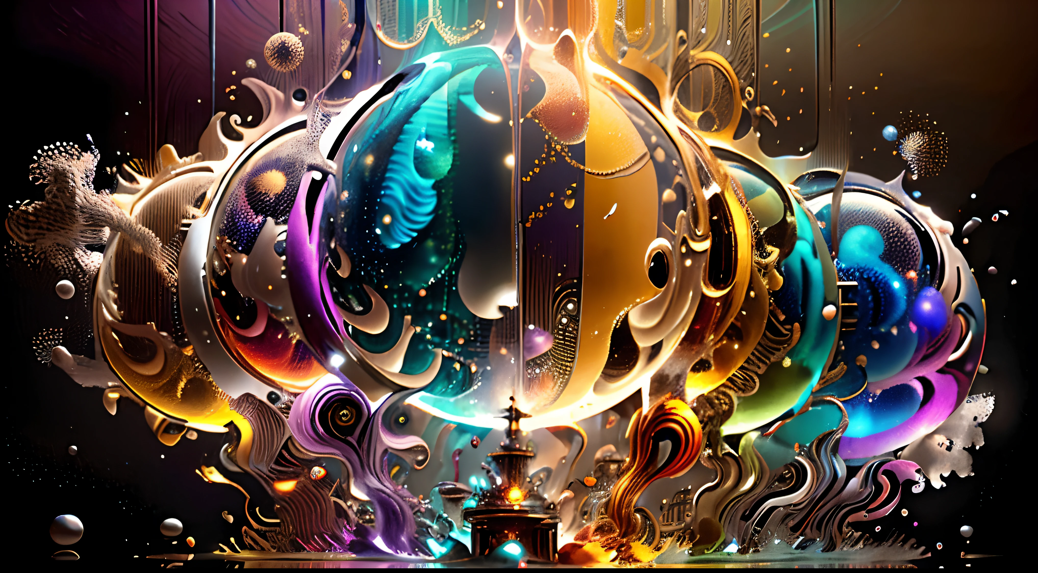 Obra de Arte abstracto multicolor en movimiento.Arte de Alberto Severo. Un primer plano de chorros y corrientes de metales preciosos fundidos que chocan entre si y forman , inmensas cantdades de gotas multicolores y chorros metalicos de oro, plata, cobre mercurio, que burbujean ,explotan ,remolinean y fluyen y ocupan todo el espacio, nubes de fluidos de colores metalicos dorados, plateados, cobrizos brillantes y tornasolados,burbujas tornasoladas, ,remolinos de gotas tornasoladas que giran y escapan.Crea una fascinante obra de arte abstracta con un enfoque en la fluidez y el movimiento. Utilice una paleta de colores rica y diversa, Blend tones seamlessly to evoke a sense of continuous movement, Background of psychedelic fuids in motion. Arte de los fluidos en movimiento