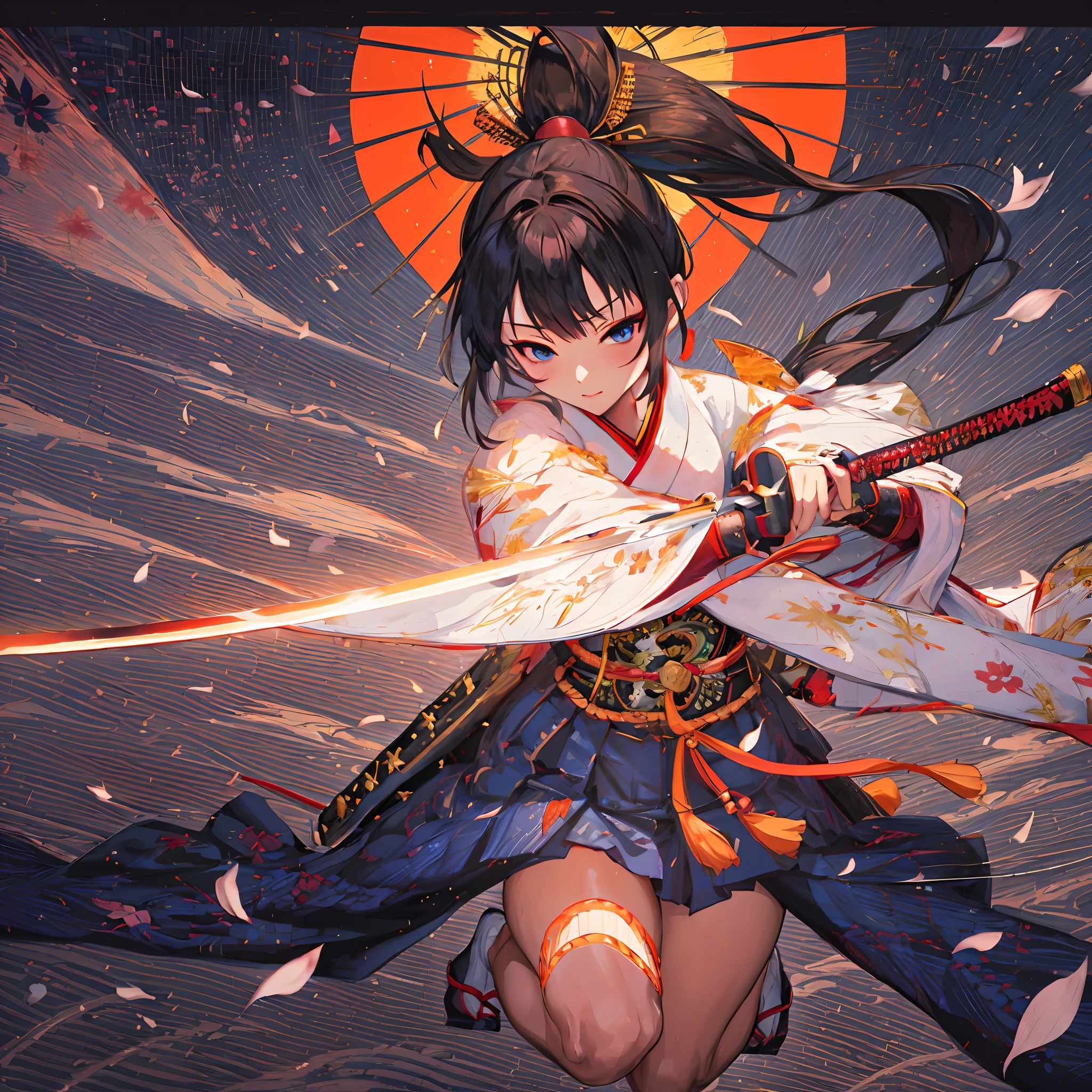 Japanimation,
(((eroge))),
Japanese scene, Japanese composition,
1female,solo,illustration,
cinematic composition,delicate composition,dynamic angle,
perfect anatomy,full body,
shrine,petals,
black hair,ponytail,blue eyes,
samurai,(Japanese armor,kusazuri,dou,kote:1.3),
weapon,katana,Blade,holding katana aimed at oppenent,
an extremely beautiful lady holds the hilt of a sword with both hands,
1 handguard,
1 katana,
black eyes,
an extremely detailed katana