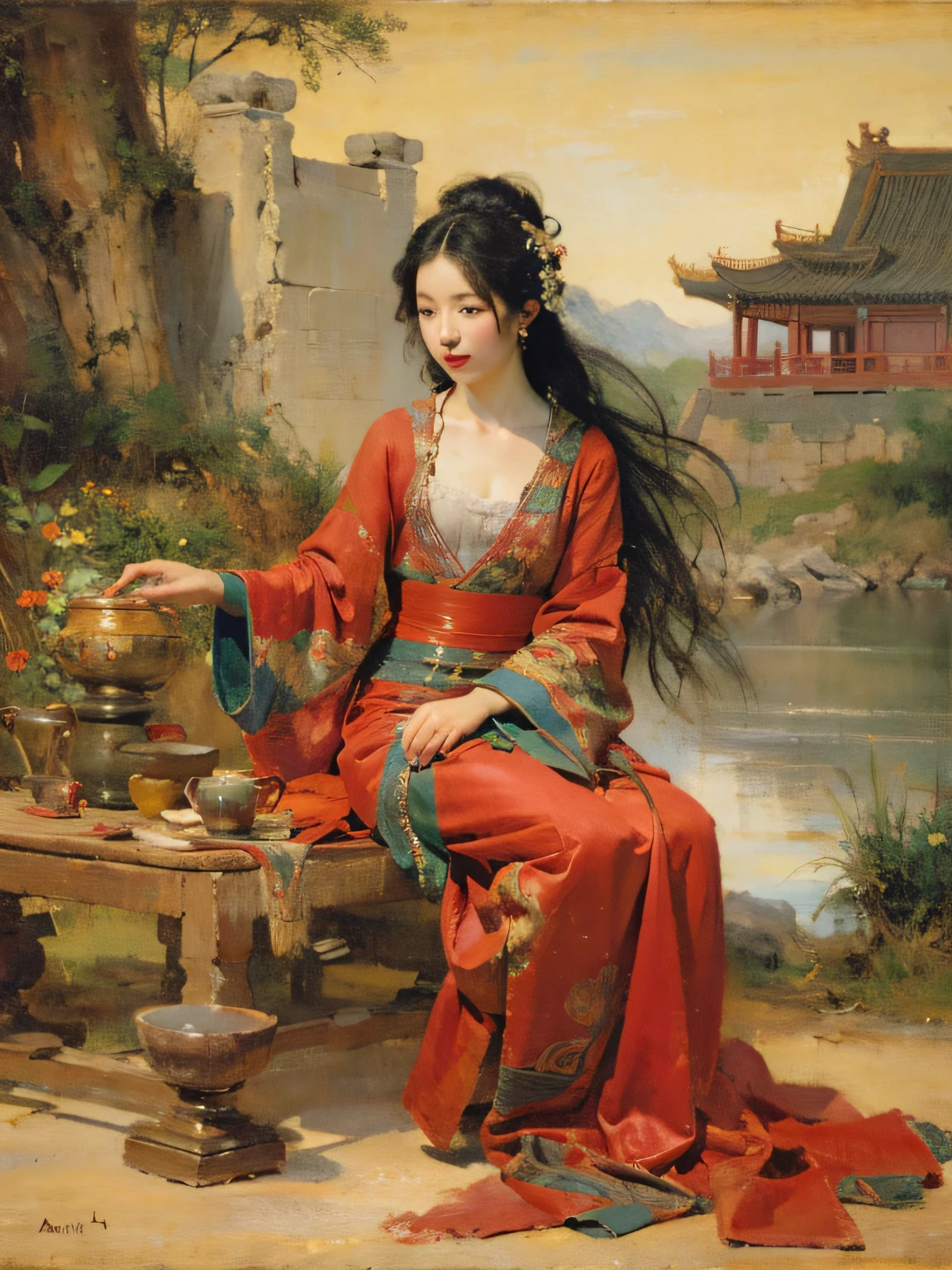 Best qualtiy,master-piece,(Oil Painting:1.5),Woman with long black hair,exquisite facial features,Gear Head,Sit in front of a Chinese landscape painting,Red Dresses,(Amy Saul:0.248),(Stanley Ategg Liu:0.106),(Detailed drawings:0.353),(Renaissance classical oil painting style:0.8)
