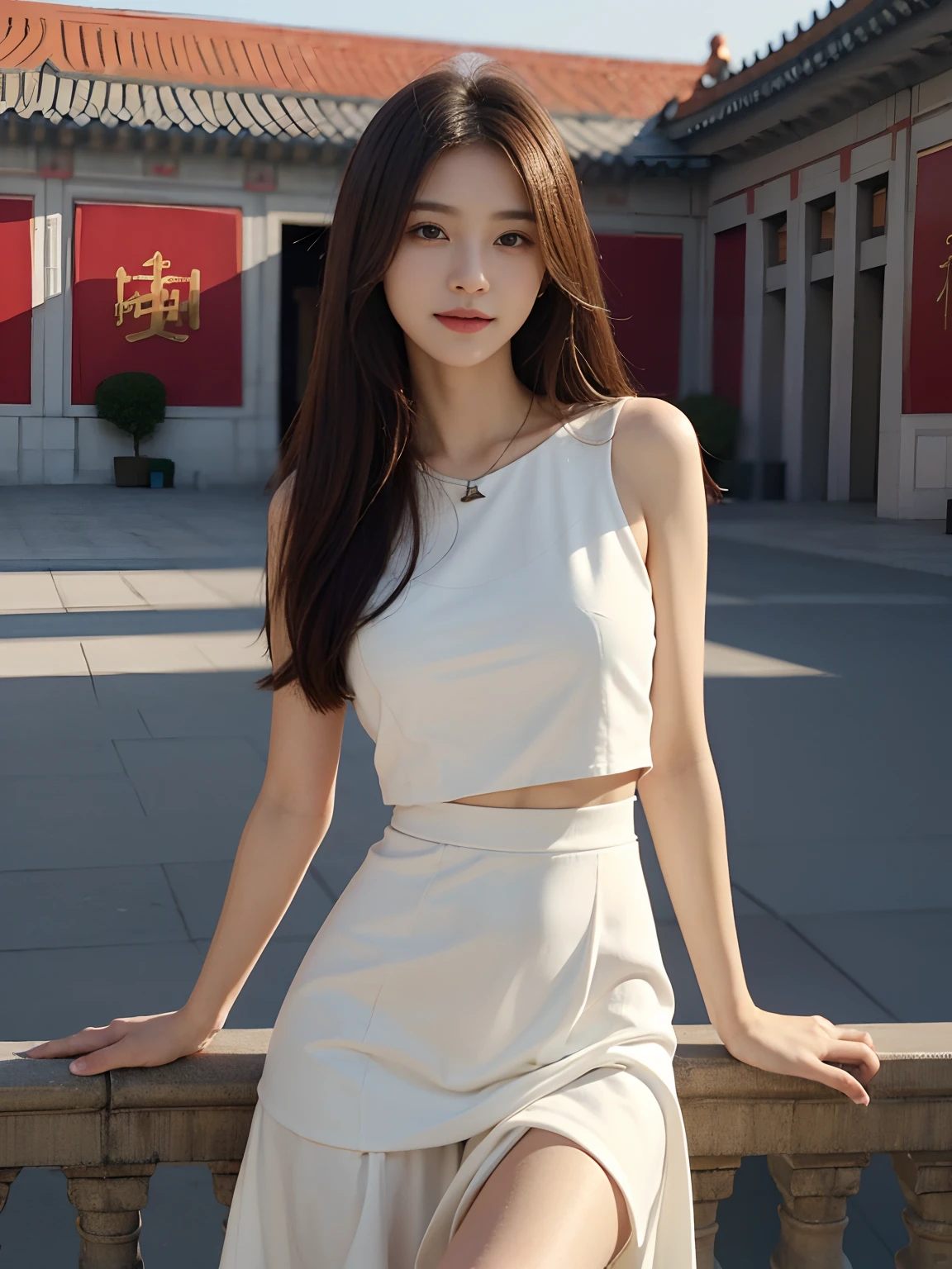 best qualtiy，tmasterpiece，超高分辨率，（真实感：1.4），RAW photogr，1girll，long whitr hair，Face Highlighting，Pure，Girly，Flushing，18yr old，18-year-old smiling female classmate，Pure，Innocent，（best qualtiy，8K，tmasterpiece:1.3），Goose egg face，largeeyes，long eyelasher，Exquisite（live-action realistic style），Star-like eyes，Ultimate face，Photorealistic light and shadow，Clear facial features，Milky white skin，Fair skin， highdetailskin， Realistic skin details， Visible Pore，（Super detail），（perfect bodies：1.1），long whitr hair，（dynamicposes），((Dynamic background((volumettic light：1.3))，Bigchest，a white long skirt，Feel free，Dashing，Ideal girlfriend，Palace Museum，Red Wall