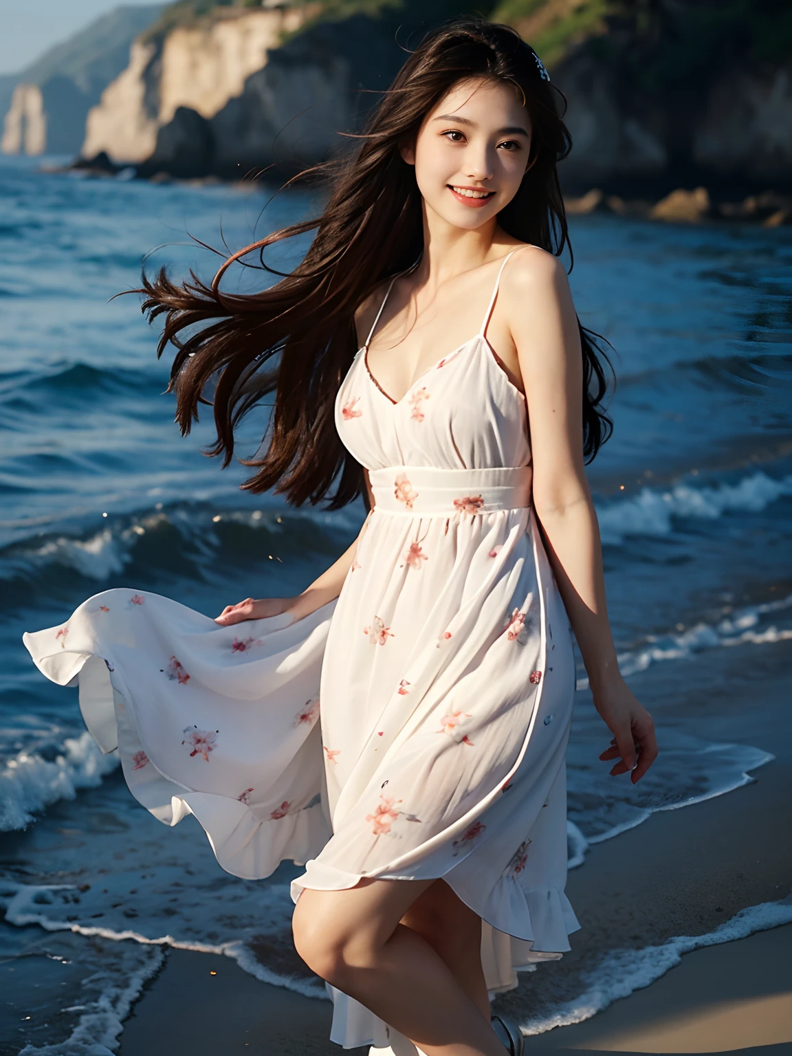 best qualtiy,tmasterpiece,超高分辨率,(真实感:1.4),RAW photogr,1girll,long whitr hair,Face Highlighting,Pure,Girly,Flushing,18yr old,18-year-old smiling female classmate,Pure,Innocent,(best qualtiy,8K,tmasterpiece:1.3),Goose egg face,largeeyes,long eyelasher,Exquisite(live-action realistic style),Star-like eyes,Ultimate face,Photorealistic light and shadow,Clear facial features,Milky white skin,Fair skin, highdetailskin, Realistic skin details, Visible Pore,(Super detail),(perfect bodies:1.1),long whitr hair,(dynamicposes),((Dynamic background((volumettic light:1.3)),Bigchest,deep v big breasts,Long floral dress,Feel free,Dashing,Ideal girlfriend,sea beach,standing on your feet,long leges