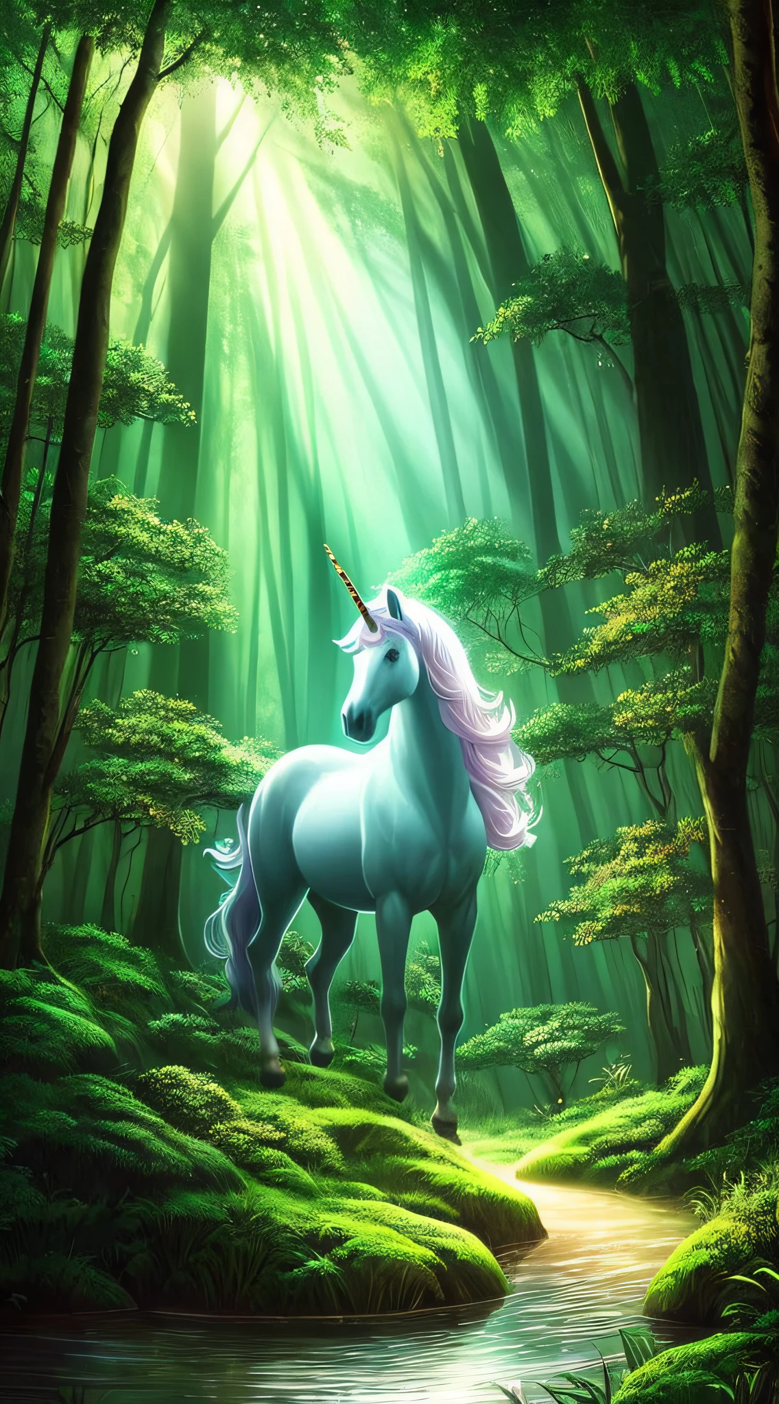 Mysterious Forest: Illustrate a dense, enchanted forest where the mythical unicorn is said to reside, shrouded in an aura of secrecy.