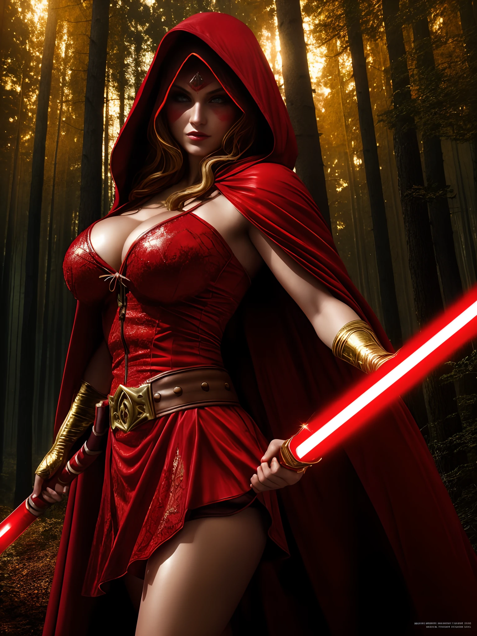 extremely beautiful red riding hood, subtle makeup, golden hour, photorealistic, high contrast, 8k HD, detailed, hyper-detailed, realistic skin texture, covered with red hood, big breast, best quality, ultra high res, raw photo, dramatic lighting, unreal engine, diffuse glow, intricate red hood, outdoor, realistic detailed dark forest, holding light saber