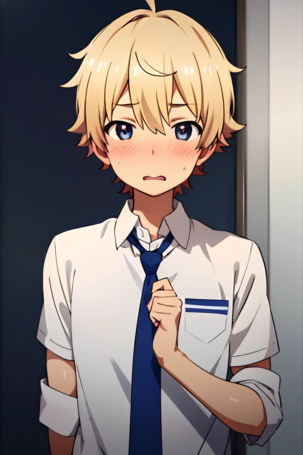 masterpiece, best quality, high quality, 1boy, solo, male focus, looking at viewer, upper body, subaru_uchimaki, blonde hair, blue eyes,  Blushing