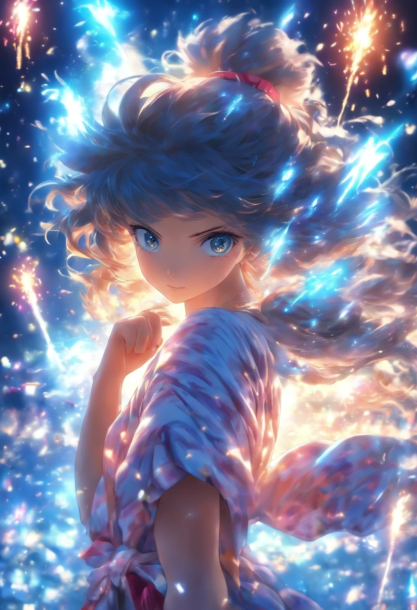 ((Masterpiece, Top quality, super definition, High definition)), Solo, Beautiful girl, Shining eyes, Perfect eyes, , Blue Themes, bathrobe, Fireworks