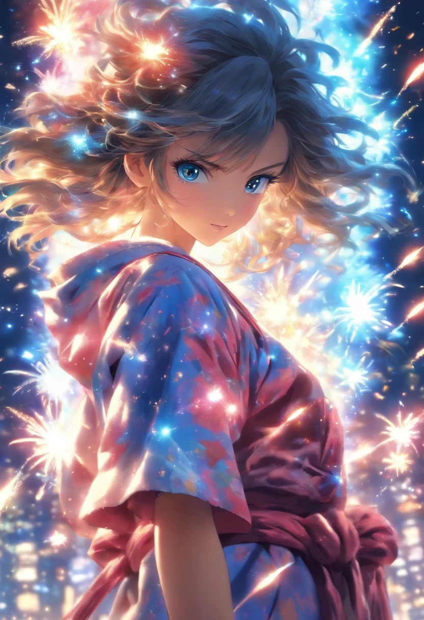 ((Masterpiece, Top quality, super definition, High definition)), Solo, Beautiful girl, Shining eyes, Perfect eyes, 16 years old, Blue Themes, bathrobe, Fireworks