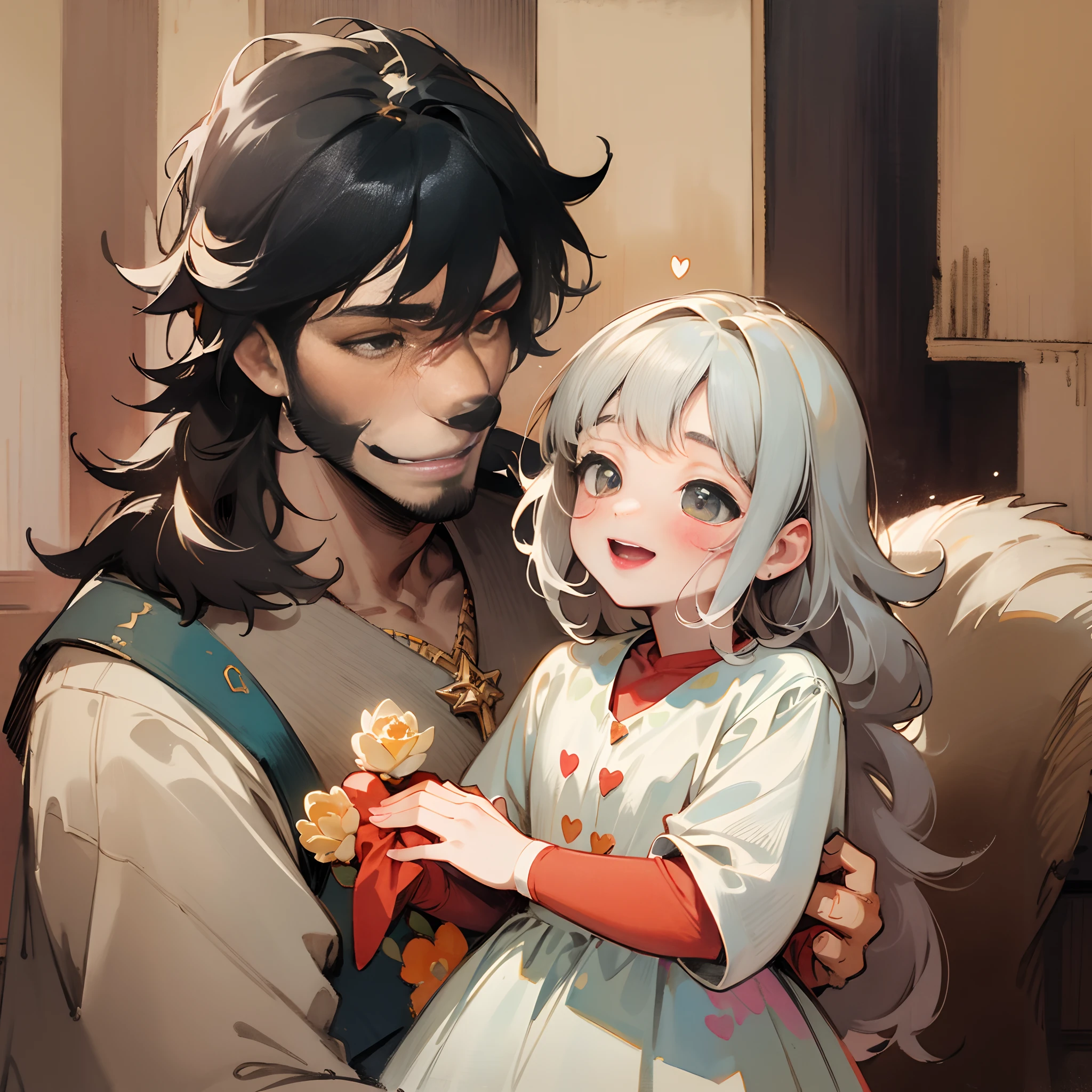 watercolor, soft color, Vintage images, highres, unparalleled masterpiece, absurdres, love story of human girl and giant Werewolf, love romance, The princess and the prince, family photograph, pair, Height difference, Physical difference, perfect anatomy, smile, joyful, play with, smile, happy, watercolor,