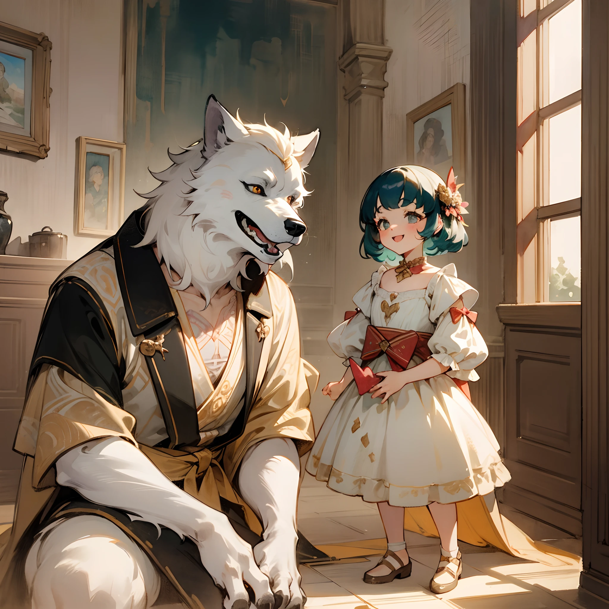 watercolor, soft color, Vintage images, highres, unparalleled masterpiece, absurdres, love story of human girl and giant Werewolf, love romance, The princess and the prince, family photograph, pair, Height difference, Physical difference, perfect anatomy, smile, joyful, play with, smile, happy, watercolor,