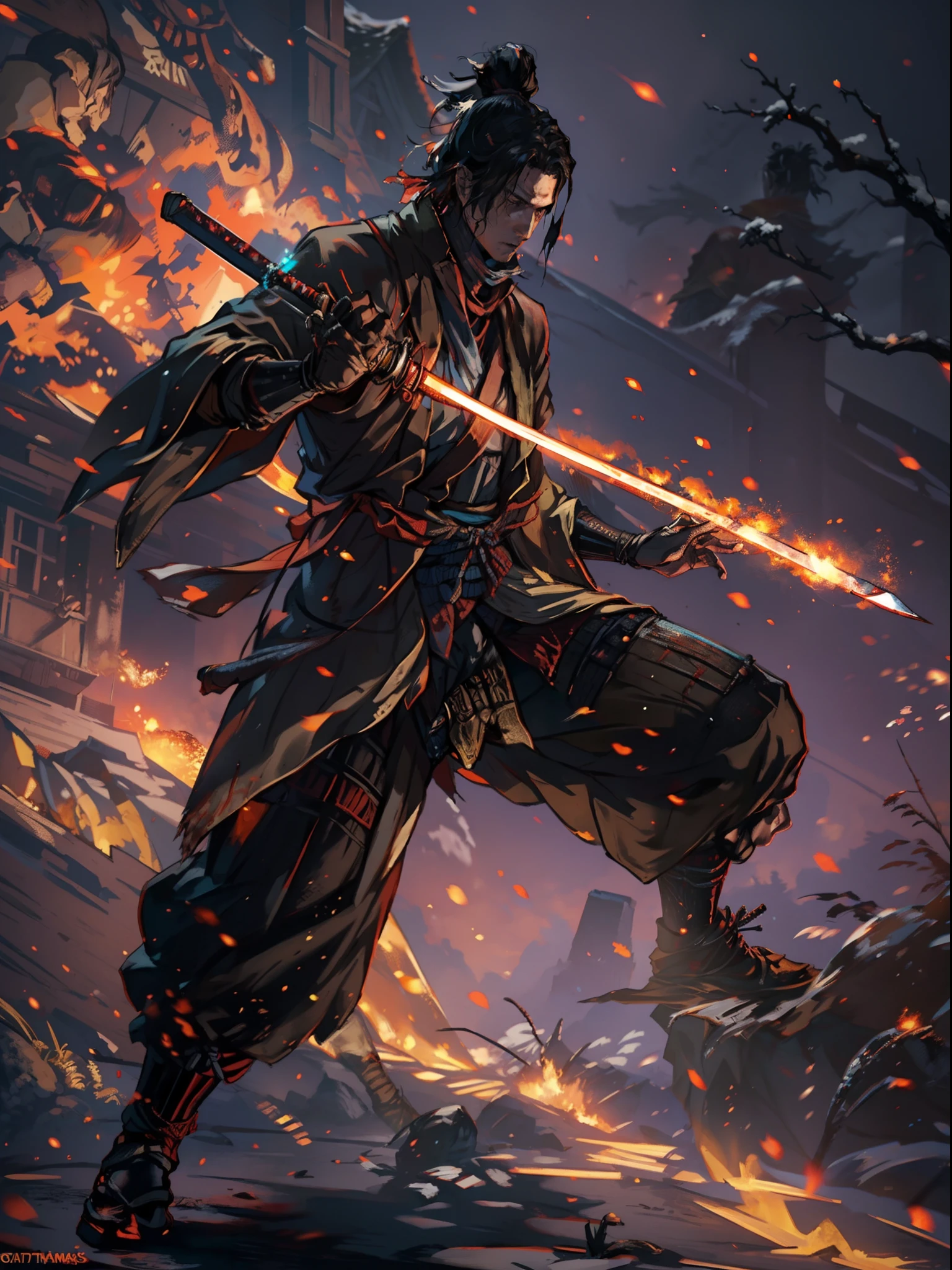 1hombre, solamente, Anillo Elden, con katana,  pose de combate dinamica, fuego contraste de luces 
chispas, transmitido por la sangre, Almas oscuras, (((Las sombras de SEKIRO mueren dos veces))),