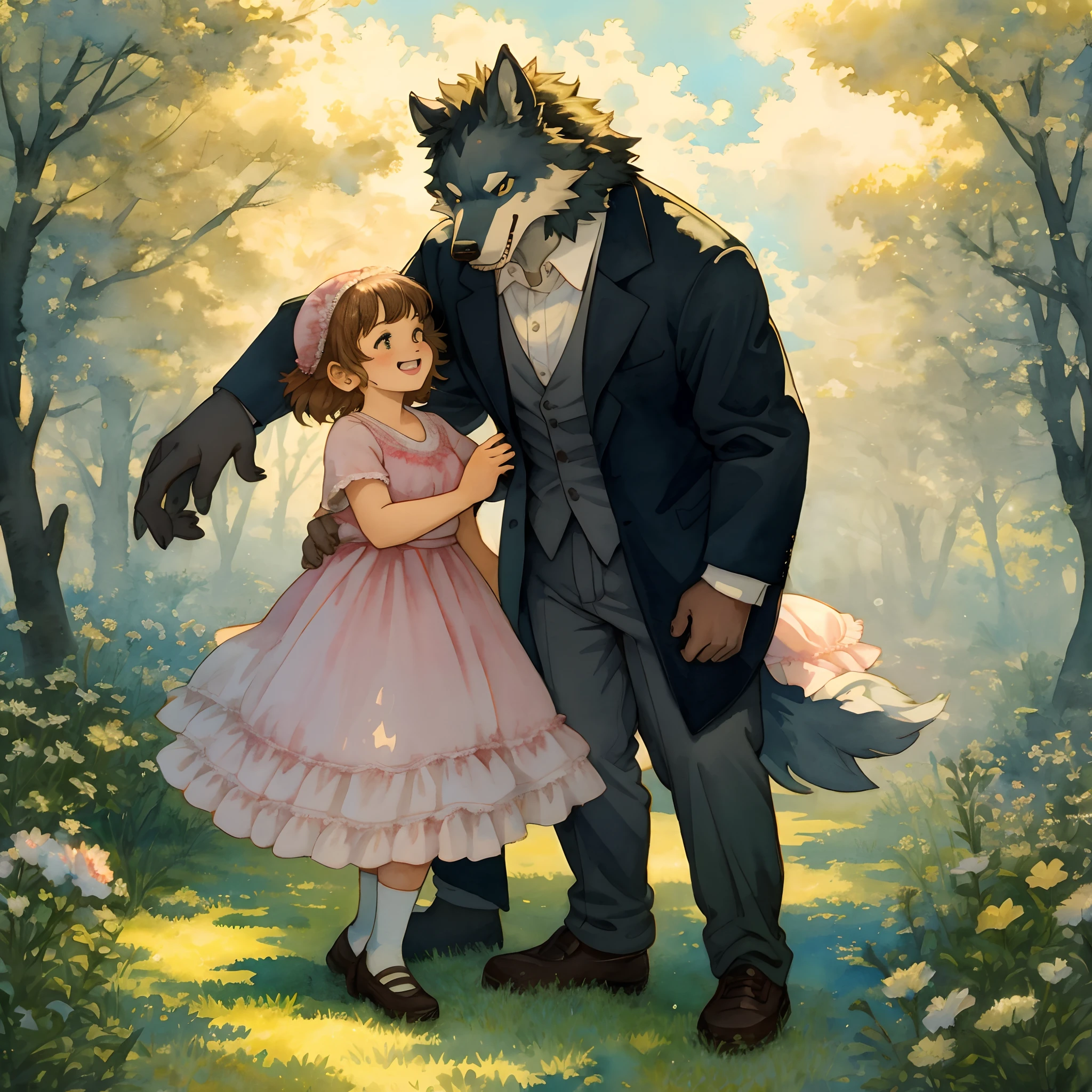 watercolor, soft color, Vintage images, highres, unparalleled masterpiece, absurdres, love story of human Child girl and giant Werewolf, love romance, Detectives and assistants, family photograph, pair, Height difference, Physical difference, perfect anatomy, smile, joyful, play with, smile, happy, watercolor,
