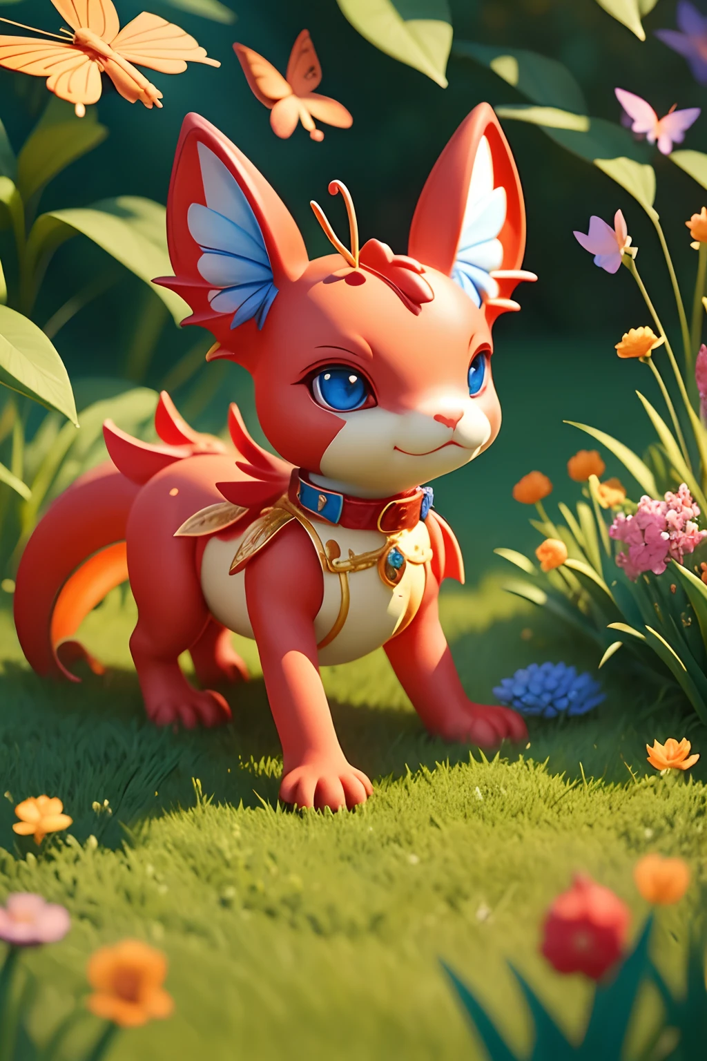 a baby red dragon wearing a blue collar studded with precious stones, playing in the grass with butterflies, colorful garden