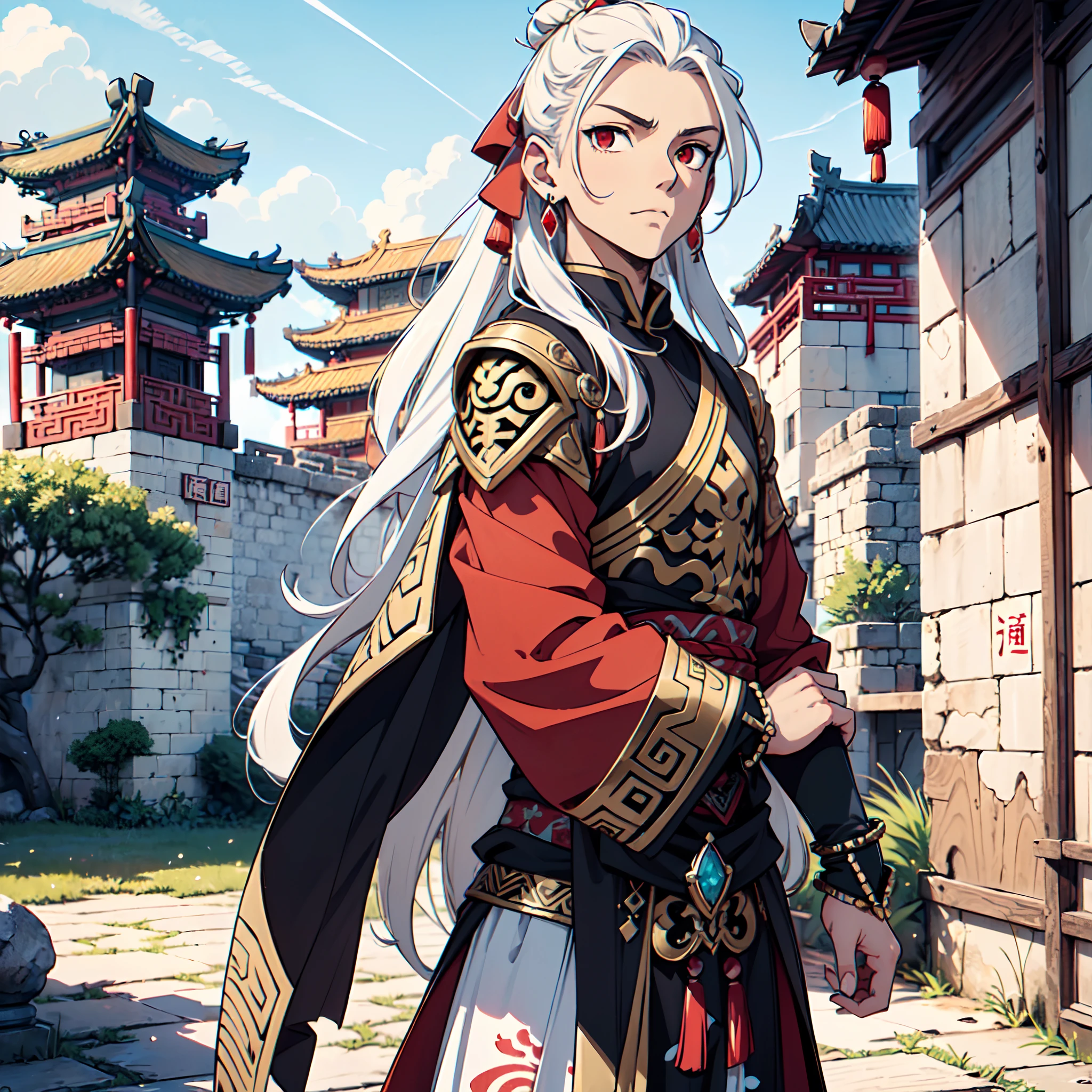 128K Ultra High Definition,
128K Ultra High Quality,
128K Ultra High Resolution,
128K Definition,
128K Quality,
128K Resolution,
Best Definition,
Best Quality,
Best Resolution,
Hyper Detailed,
Hyper Definition,
Hyper Quality,
Hyper Resolution,
Perfectly Detailed,
Perfectly Designed,
Masterpiece,
Body Shot,
Anime,
(((1 Boy))),
(((Handsome))),
(((Long White Hair))),
(((Man Bun Hairstyle))),
(((Wearing Chinese Hair Tie))),
(((Red Eyes))),
(((Wearing Gem Jeweled Earrings))),
(((Wearing Warrior Armor))),
Ancient Castle Scenery Background,