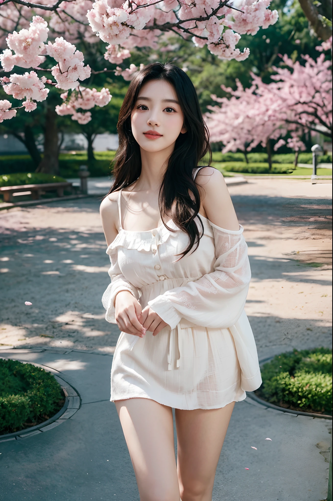 (Best quality,4K,8K,A high resolution,Masterpiece:1.2),Ultra-detailed,(Realistic,Photorealistic,photo-realistic:1.37),Beautiful detailed eyes,beautiful detailed lips,Extremely detailed eyes and face,Long eyelashes,slender leg,nice thigh,1girll,korean beautifull girl,Japanese and Korean beauties,Korean,Large cleavage,deep v big breasts,Under the cherry blossoms,Enchanted smile,feminine charm,Flowing black hair,Elegant posture,Beautiful dance moves,Soft sunlight filters through the branches,Subtle shades of pink and white,tranquil ambiance,The breeze rustles the petals,Portrait style painting,Meticulous brushstrokes,Texture canvas,Delicate petals,Ethereal beauty,There is a faint blush on the cheeks,Natural and enhanced functionality,Classic Korean makeup,Sparkling eyes,setting in nature,Tranquil background,A traditional Korean garden,Gorgeous wooden building,colorful lanterns,Unique Korean style,The subtle scent of cherry blossoms,Play soft music in the background