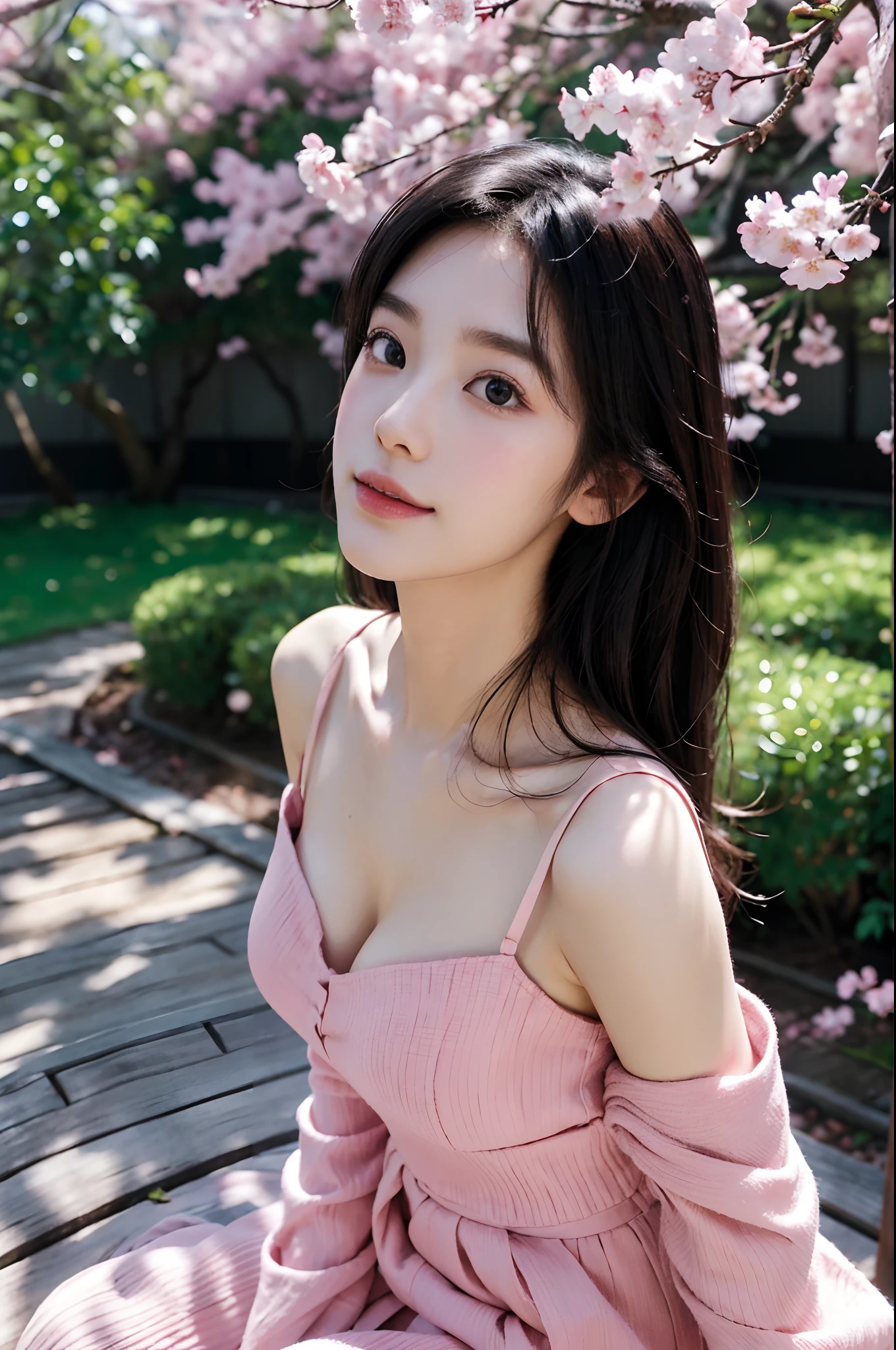 (Best quality,4K,8K,A high resolution,Masterpiece:1.2),Ultra-detailed,(Realistic,Photorealistic,photo-realistic:1.37),Beautiful detailed eyes,beautiful detailed lips,Extremely detailed eyes and face,Long eyelashes,slender leg,nice thigh,1girll,korean beautifull girl,Japanese and Korean beauties,Korean,Large cleavage,deep v big breasts,Under the cherry blossoms,Enchanted smile,feminine charm,Flowing black hair,Elegant posture,Beautiful dance moves,Soft sunlight filters through the branches,Subtle shades of pink and white,tranquil ambiance,The breeze rustles the petals,Portrait style painting,Meticulous brushstrokes,Texture canvas,Delicate petals,Ethereal beauty,There is a faint blush on the cheeks,Natural and enhanced functionality,Classic Korean makeup,Sparkling eyes,setting in nature,Tranquil background,A traditional Korean garden,Gorgeous wooden building,colorful lanterns,Unique Korean style,The subtle scent of cherry blossoms,Play soft music in the background