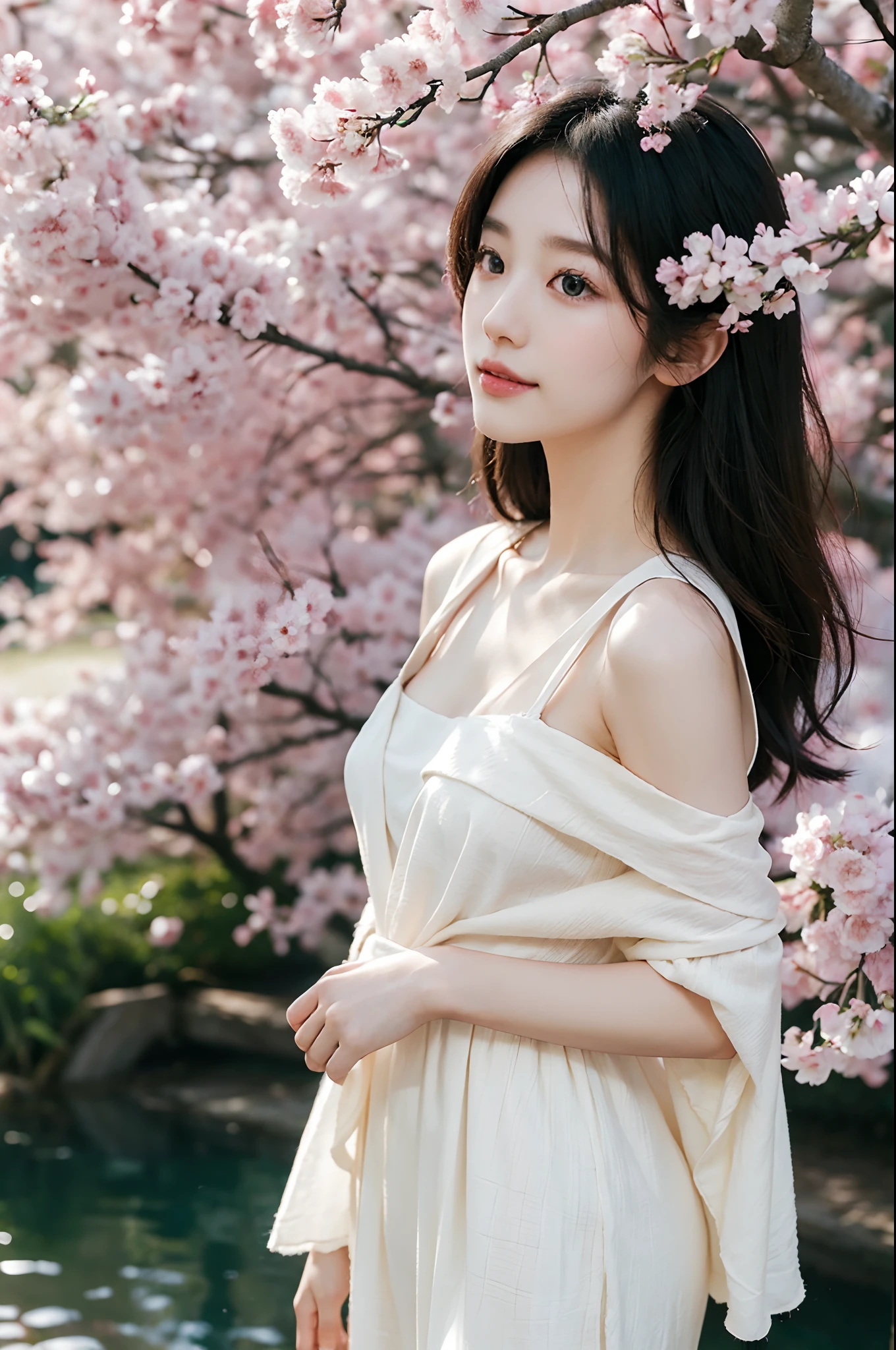(Best quality,4K,8K,A high resolution,Masterpiece:1.2),Ultra-detailed,(Realistic,Photorealistic,photo-realistic:1.37),Beautiful detailed eyes,beautiful detailed lips,Extremely detailed eyes and face,Long eyelashes,slender leg,nice thigh,1girll,korean beautifull girl,Japanese and Korean beauties,Korean,Large cleavage,deep v big breasts,Under the cherry blossoms,Enchanted smile,feminine charm,Flowing black hair,Elegant posture,Beautiful dance moves,Soft sunlight filters through the branches,Subtle shades of pink and white,tranquil ambiance,The breeze rustles the petals,Portrait style painting,Meticulous brushstrokes,Texture canvas,Delicate petals,Ethereal beauty,There is a faint blush on the cheeks,Natural and enhanced functionality,Classic Korean makeup,Sparkling eyes,setting in nature,Tranquil background,A traditional Korean garden,Gorgeous wooden building,colorful lanterns,Unique Korean style,The subtle scent of cherry blossoms,Play soft music in the background