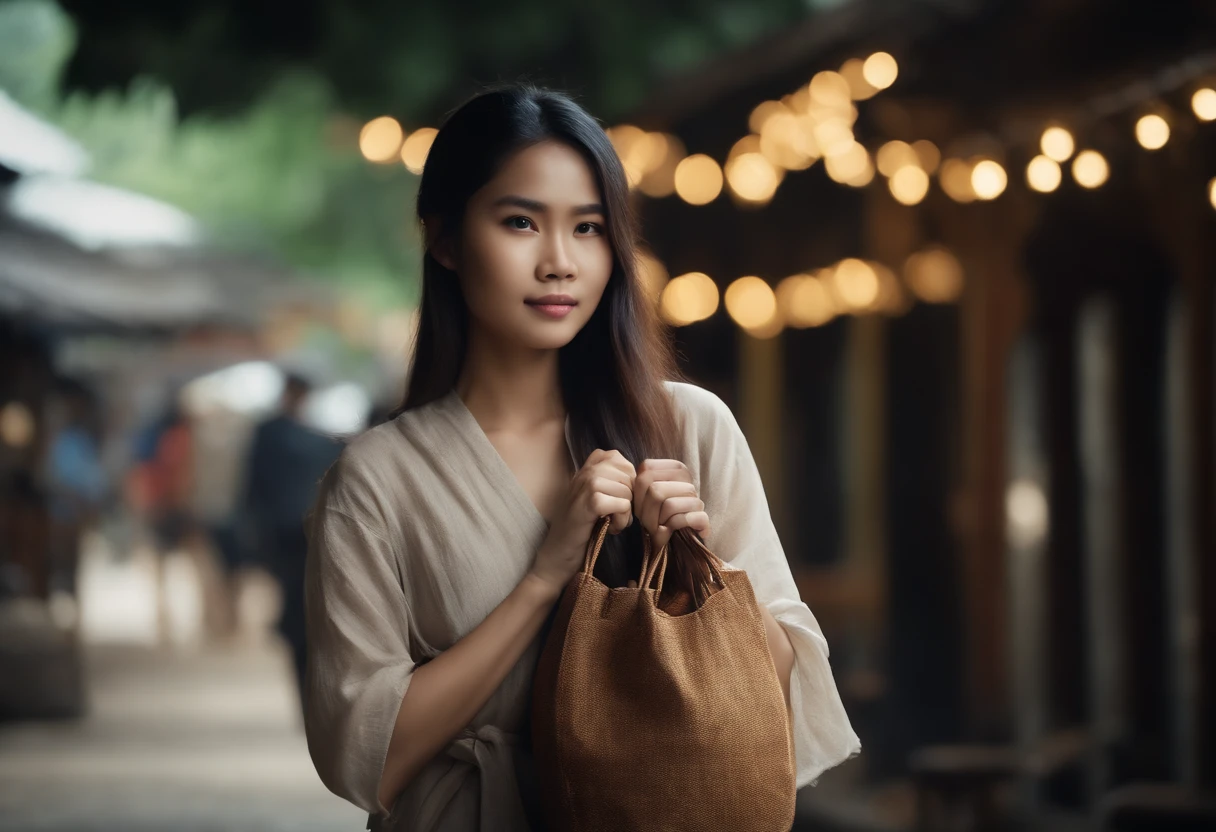 Thai girl wearing cloth bag