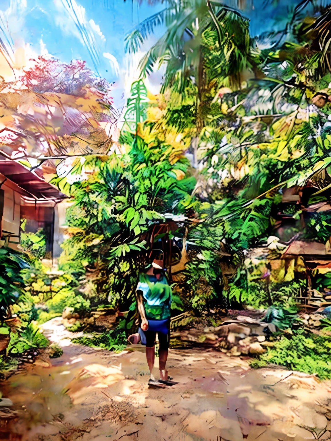 there is a woman standing in front of a tree with a frisbee in her hand, with fruit trees, garden with fruits on trees, with a tall tree, amidst of nature fully covered, dense with greenery, huge ficus macrophylla, with a garden, fruit trees, standing in a botanical garden, in the background is lush jungle, in a jungle environment,beautiful sky, sunlight,realistic, hyper realistic, 8k