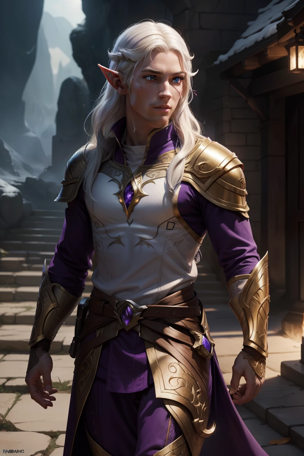 Best Illustration), 8K, intricate detailes, top-quality, ultra-detailliert, The best lighting, Best Shadows, Ultra HD, Draw, White Elf, ember, male people, Elven Leader, Purple combat suit, scar on eye