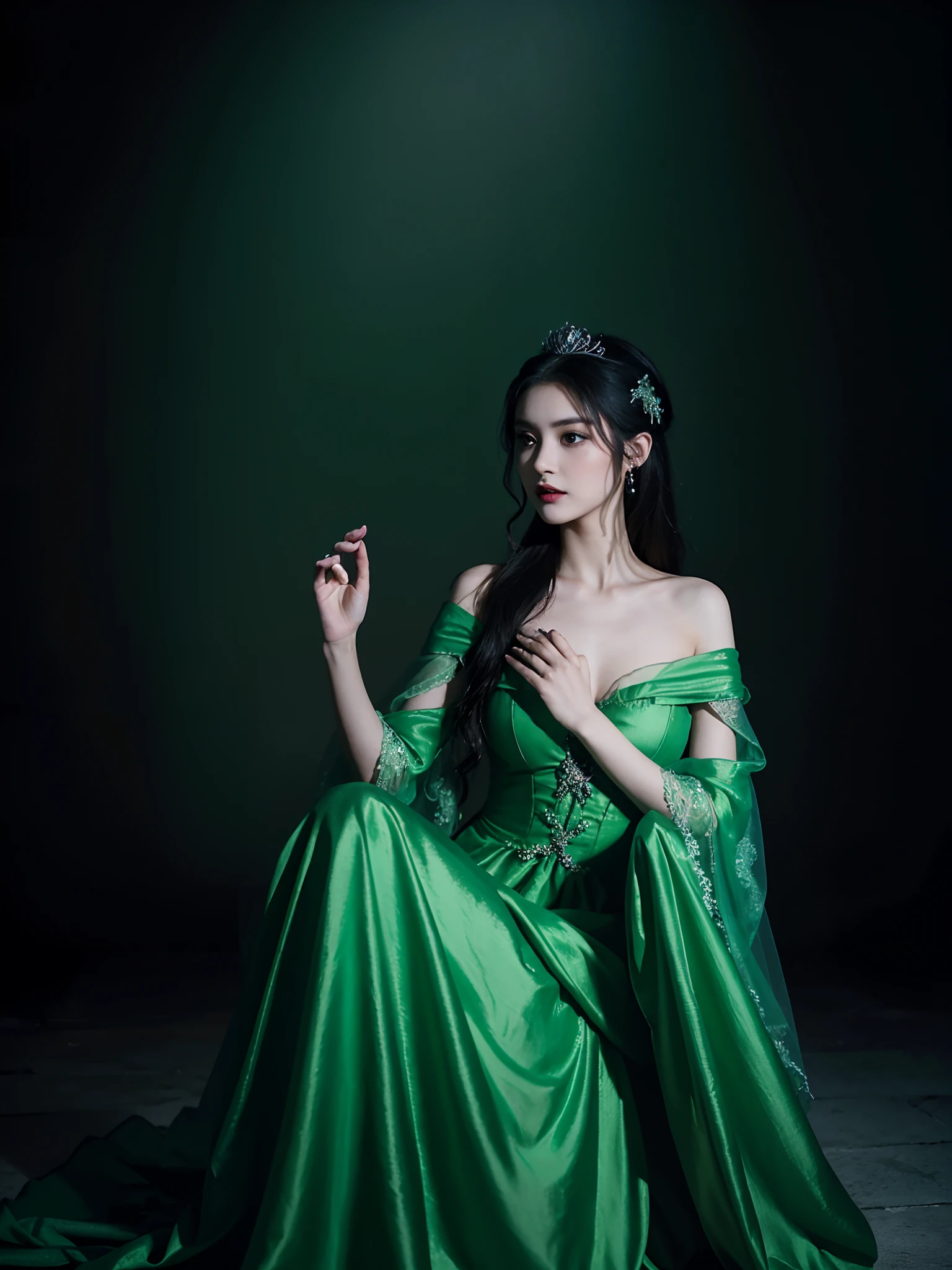 arafed image of a woman in a green dress with a tiable, classical witch, wearing organza gown, an elegant gothic princess, portrait image, carmilla vampire, rei hino as a princess, gothic princess portrait, fantasy photoshoot, full body xianxia, beautiful vampire female queen, wearing long gown, vampire, captured on canon eos r 6, gothic regal
