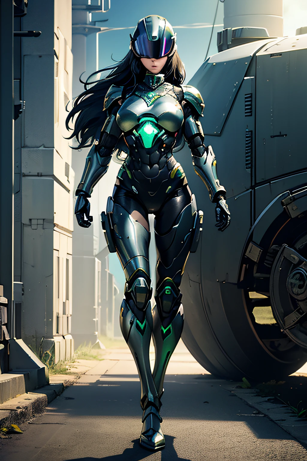 arafe female robocop solo、Big breasts about to burst、full body armored、Rainbow Armor、thin and long legs,、long hair of metallic green、Fitness Body Shape、Helmet with visor to cover the eye area、Pose ready to fight、