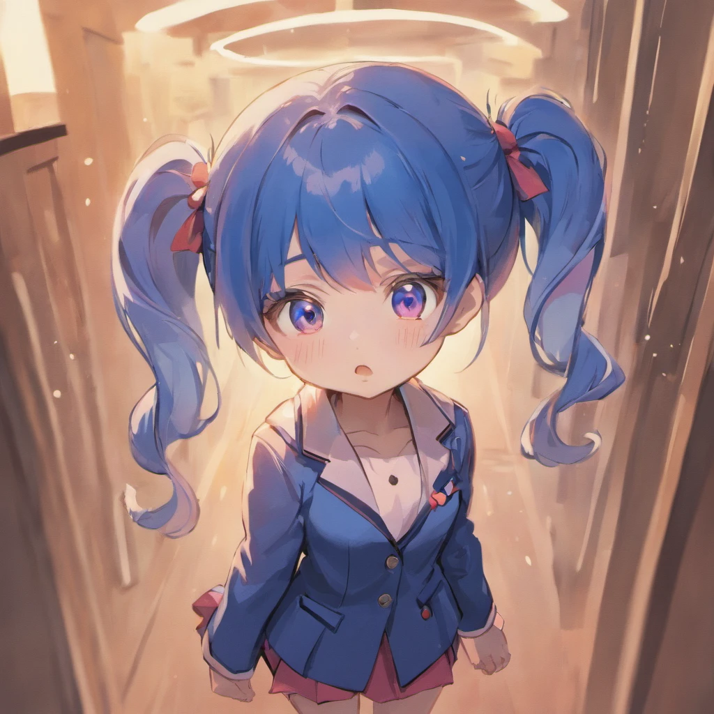 Very cute chibi anime girl, Mini Characters、Solo, Simple background, Beautiful twin tails 、 Pretty girl、Cute Chibi、 Dark blue blazer, Pink skirt、High School Uniform, Full body ,I'm insanely surprised、 I was very surprised.、Highly detailed face and eyes, The contours are clear、I put my hand on my cheek and was surprised.(Oh My Gar)