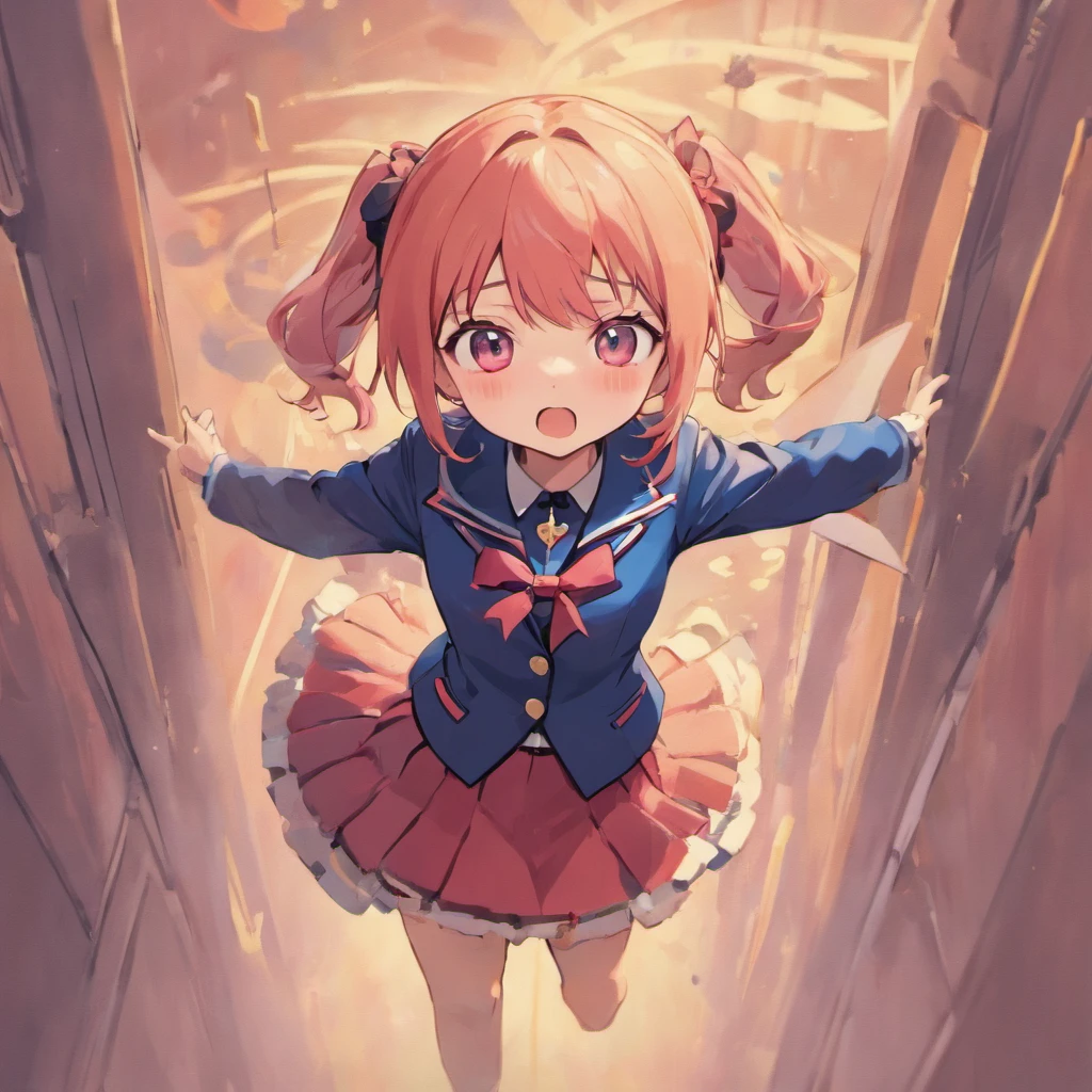 Very cute chibi anime girl, Mini Characters、Solo, Simple background, Beautiful twin tails 、 Pretty girl、Cute Chibi、 Dark blue blazer, Pink skirt、High School Uniform, Full body ,I'm insanely surprised、 I was very surprised.、Highly detailed face and eyes, The contours are clear、I put my hand on my cheek and was surprised.(Oh My Gar)