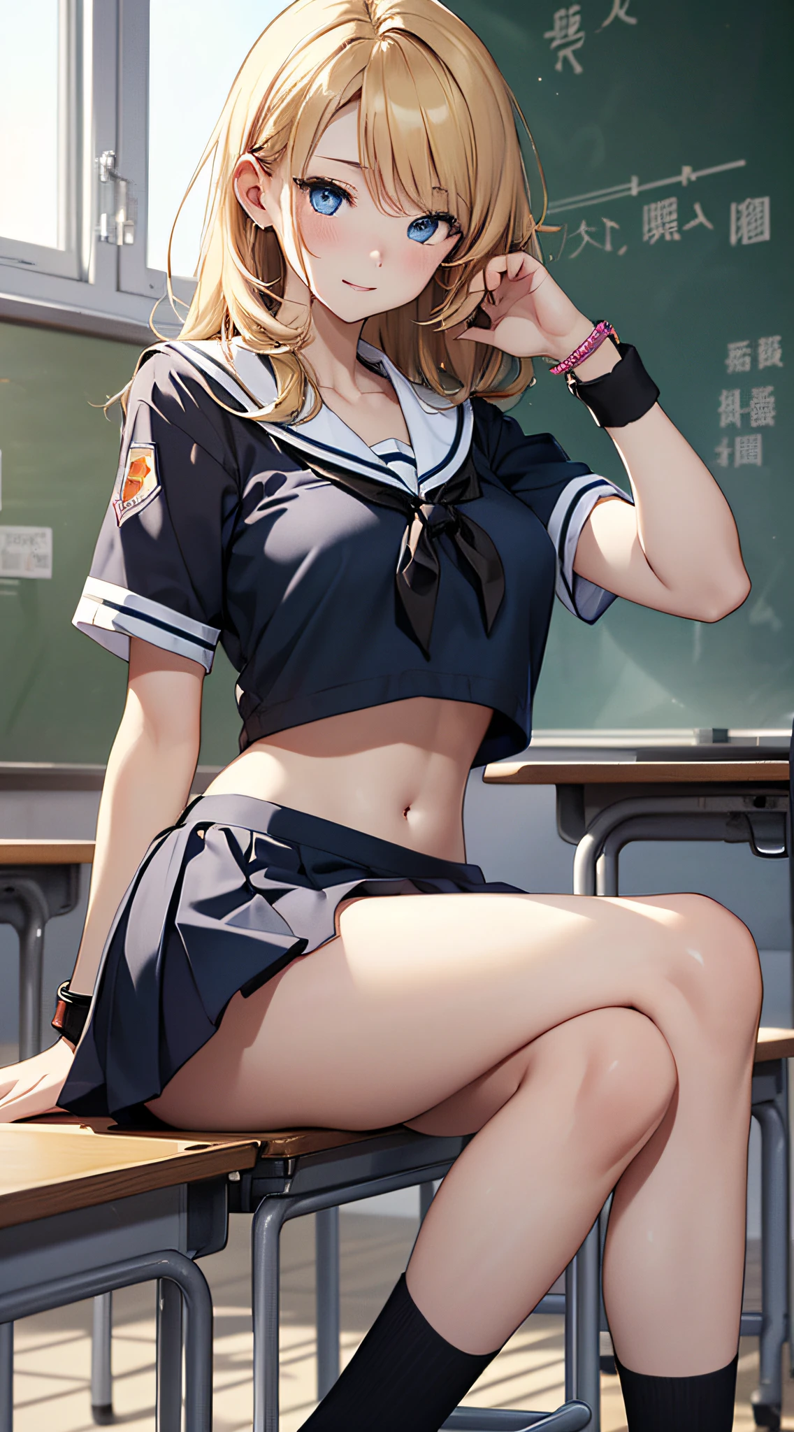 top-quality、Top image quality、​masterpiece、girl with((18year old、Sailor suit with short sleeves、Black Sports Bra、Blue short skirt、Best Bust、Bust 85、a blond、Longhaire、Blue eyes、open chest wide、Happiness、Black wristband on wrist、A slender、Shy face、Sexy Shots、耳Nipple Ring、all fours pose)）hiquality、visualart、magazine、Background with((Morning School、‎Classroom))、masutepiece、