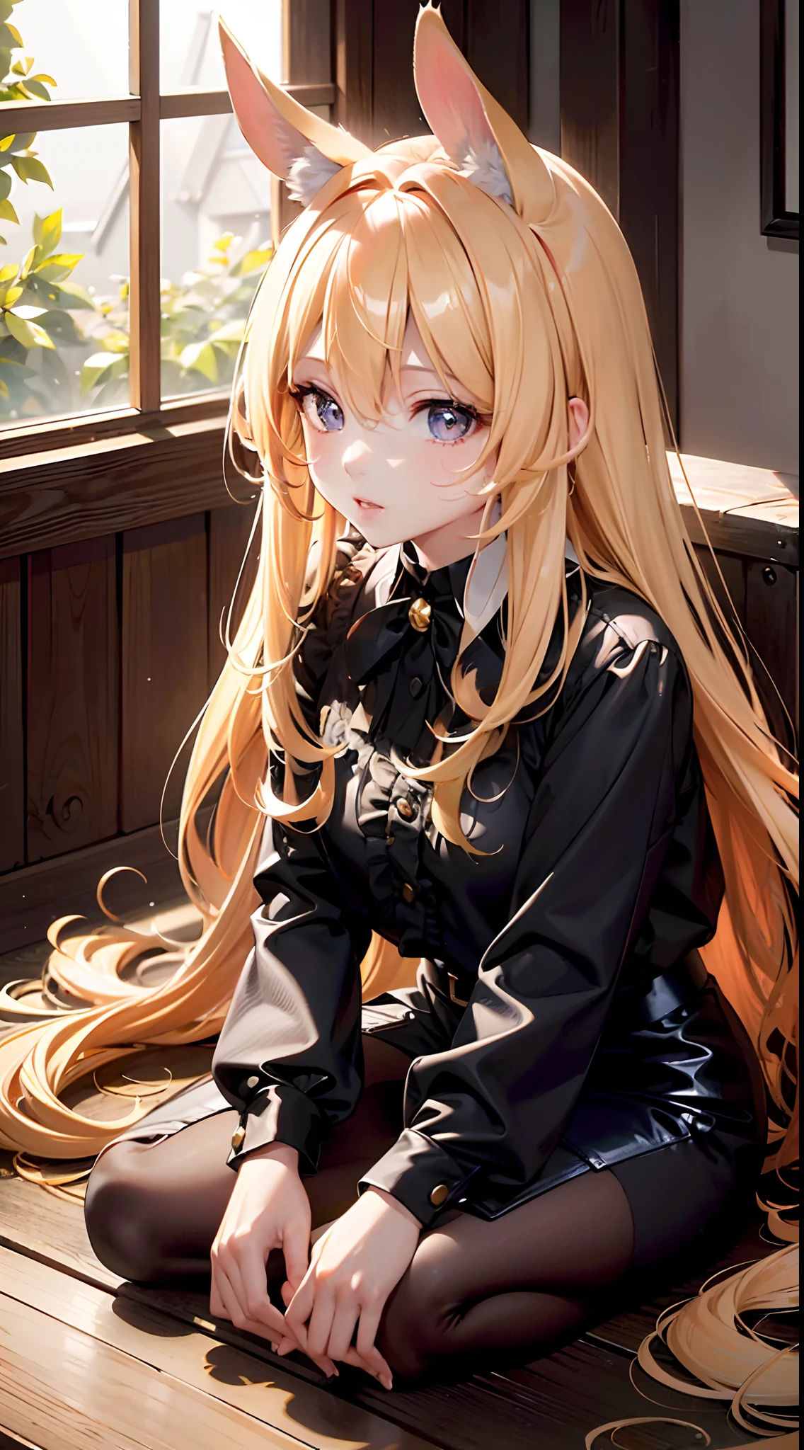 (best quality,16k wallpaper,high resolution:1.2),red to yellow hair, wavy long hair, shiny hair color, perfectly detailed face, full lips, large watery eyes, vertical pupils, reflective light, woman with rabbit ears, black and white blouse, lazily lying in a solid wooden box, soft lighting, full-body shot