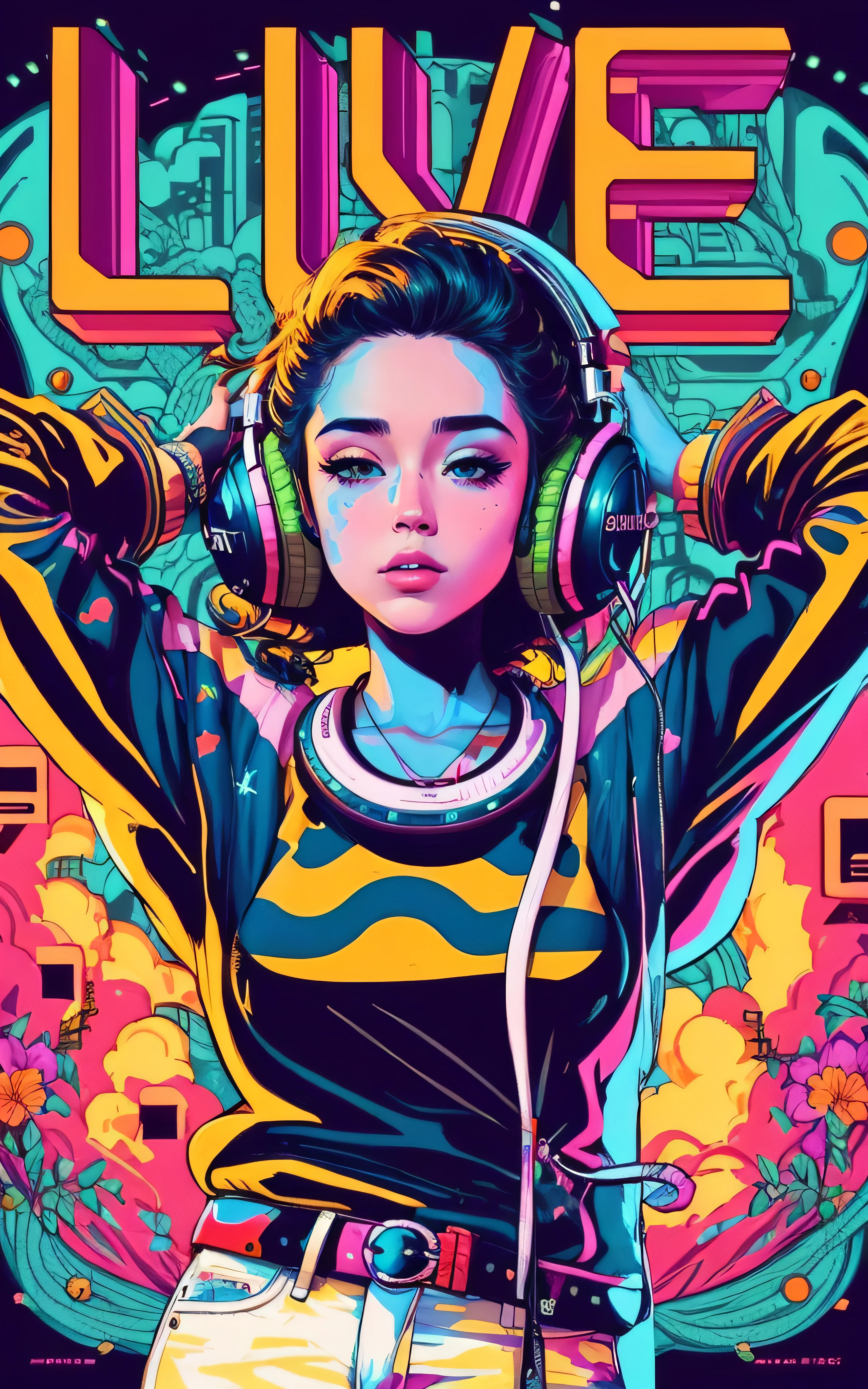A woman with headphones and a microphone in front of a colorful poster, Jen Bartel, arte colorida do filme, in illustration style digital, masterpiece epic retrowave art, arte synthwave, estilo de arte synthwave ]!!, estilo de arte synthwave, vibrant fan art, estilo de arte cyberpunk, full-colour illustration, full-colour illustration, estilo de arte pop punk, extremely high quality artwork