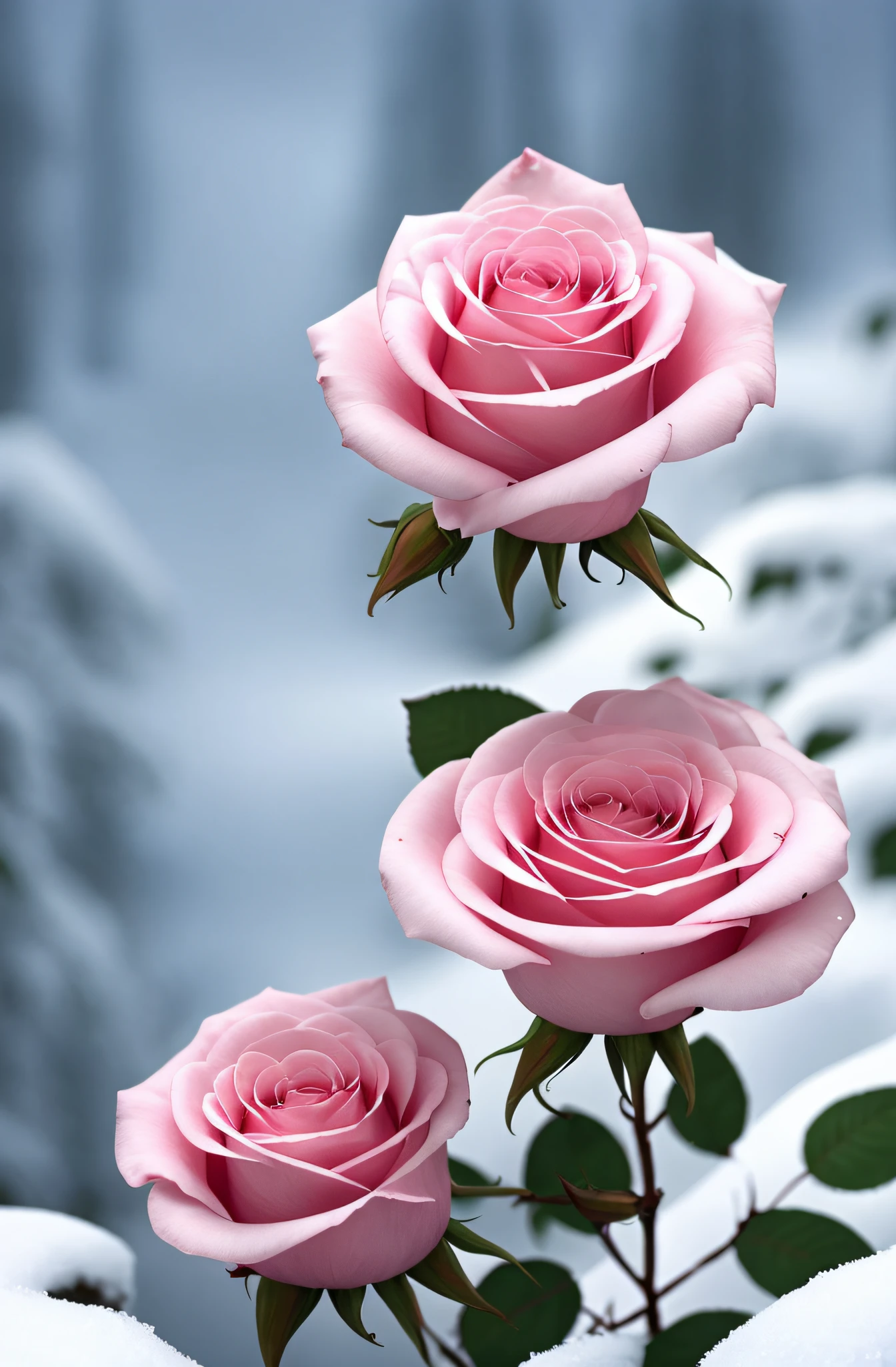 There are pink roses in the snow on the trees, roses in cinematic light, rosette, Incredibly beautiful, Incredibly realistic, Rose, alexey egorov, Ross Tran 8 K, marc adamus, pastel roses, Beautiful nature, 8K)), Beautiful flowers, fotorrealista altamente detalhado, author：Igor Grappa, realistic pictures, 🌺 CGSesociety, john park