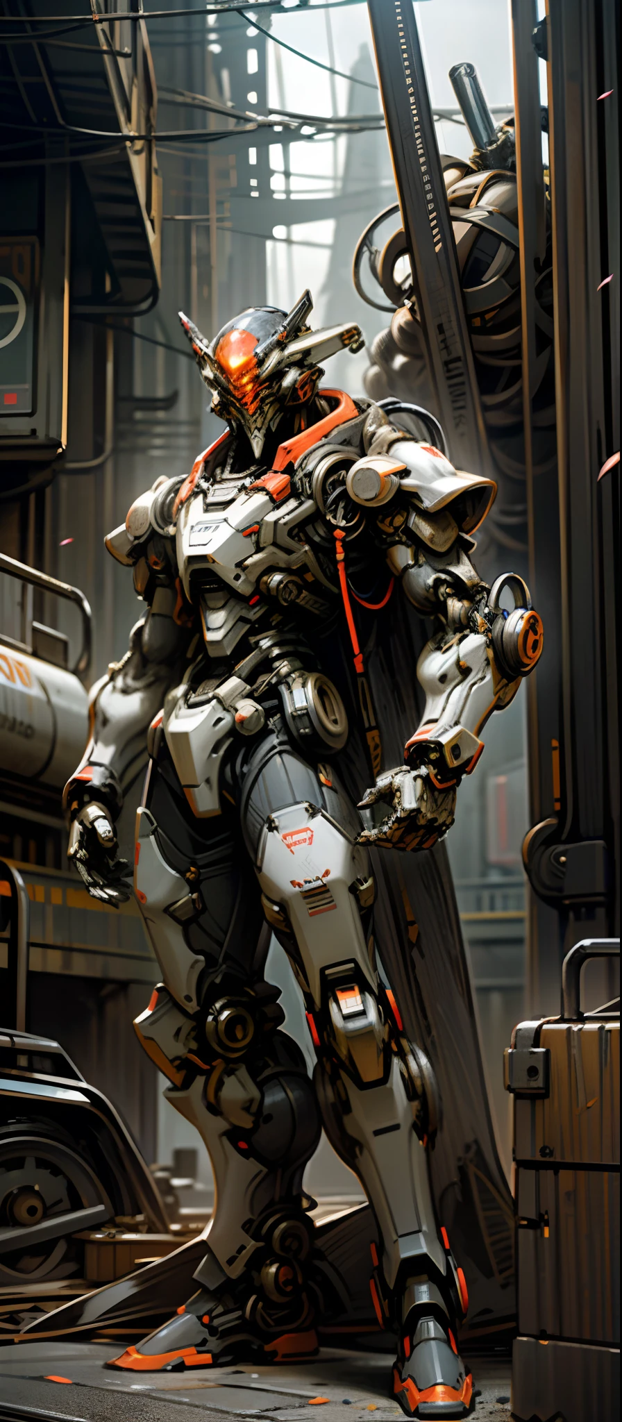 Dark_Fantasy,Cyberpunk,(chain saw,chain saw man,Red:1.1),1man,Mechanical marvel,Robotic presence,Cybernetic guardian, wearing a worn-out mech suit, intricate, (steel metal [rusty]), elegant, clear focus, soft lighting, vibrant colors, masterpiece, ((street)), dynamic pose, glowing armor