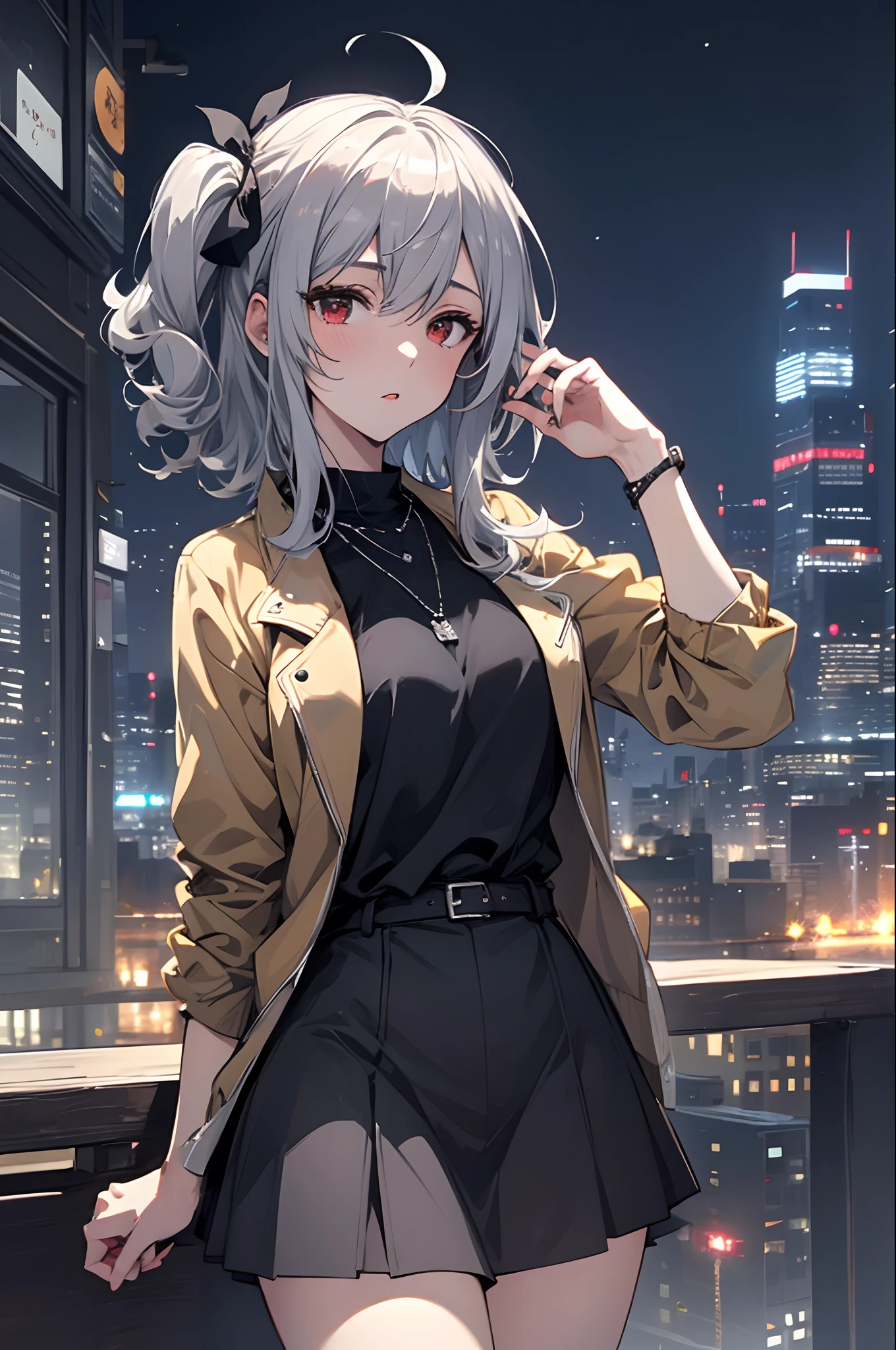 best quality,masterpiece,1girl,silver hair,disheveled hair,curly_hair,shirt,skirt,kawaisou,JK,red_bow,watchi,necklace,cityscape,8k raw photo,ultra high res,highest detailed,intricate,8k,HDR,