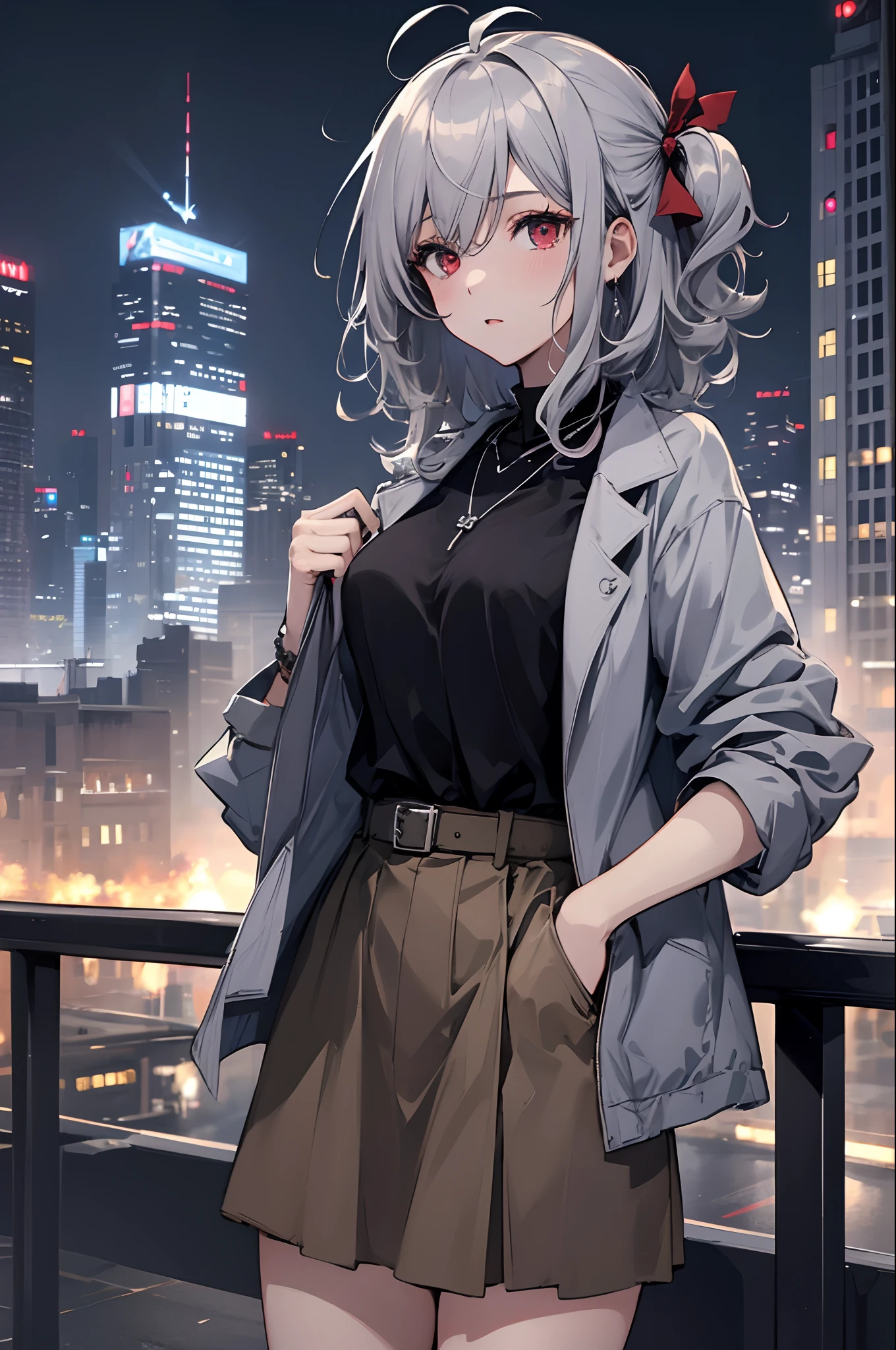 best quality,masterpiece,1girl,silver hair,disheveled hair,curly_hair,shirt,skirt,kawaisou,JK,red_bow,watchi,necklace,cityscape,8k raw photo,ultra high res,highest detailed,intricate,8k,HDR,