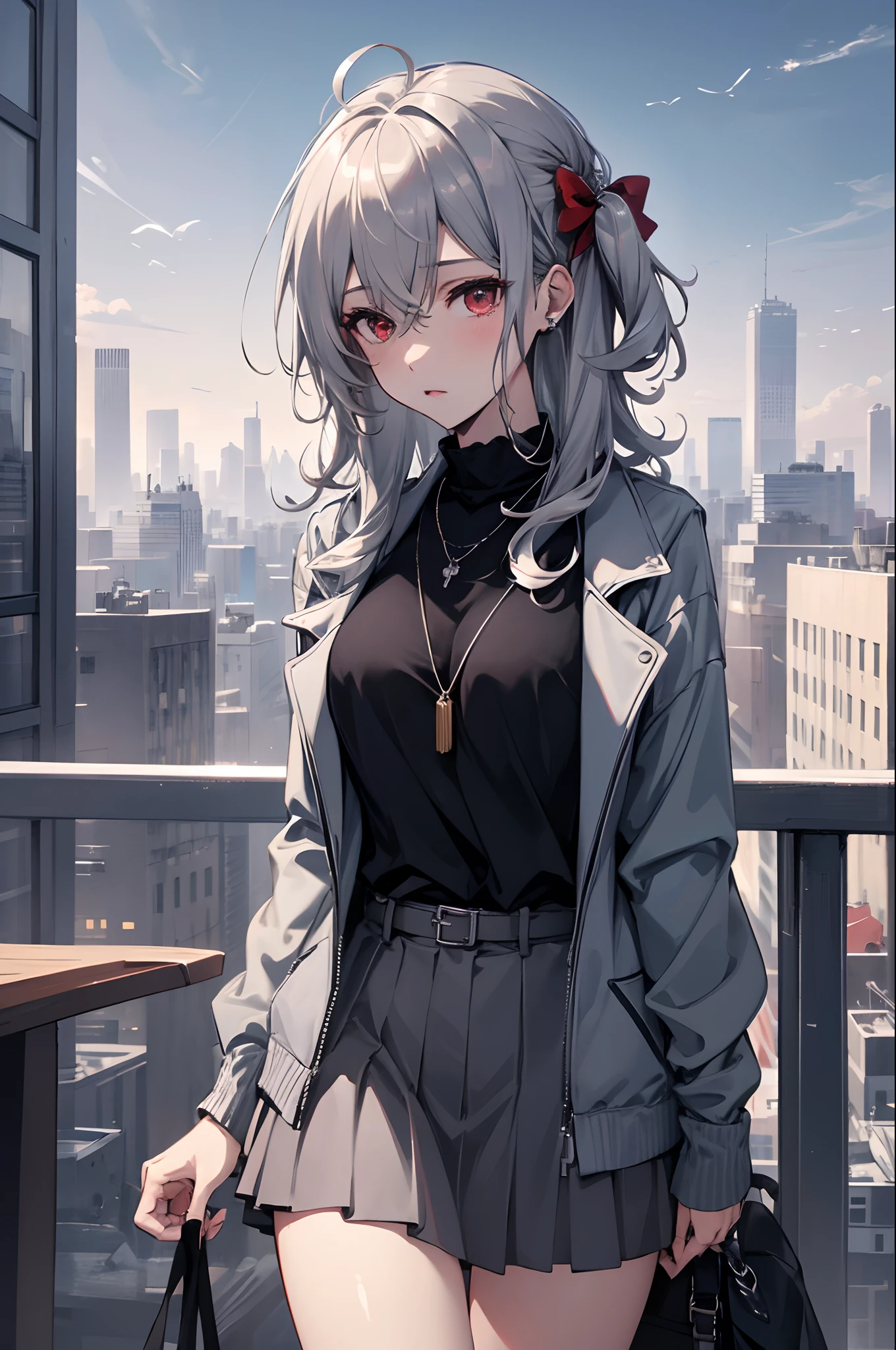 best quality,masterpiece,1girl,silver hair,disheveled hair,curly_hair,shirt,skirt,kawaisou,JK,red_bow,watchi,necklace,cityscape,8k raw photo,ultra high res,highest detailed,intricate,8k,HDR,