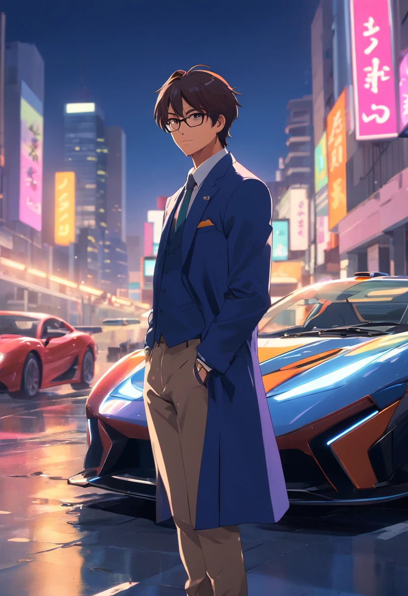man, alto, delgado,pelado, sexy, elegante, traje negro, gafas de sol negras, serious expression, Postura segura, corte de pelo elegantee, charismatic aura, en un entorno bien iluminado, Rodeado de lujo, Expensive watch on the wrist, Standing in front of a high-end sports car, Horizonte de la ciudad moderna en el fondo, colores vibrantes, foco nítido, Photorealistic rendering. (La mejor calidad, Ultra dealtoado, realista:1.37), (HDR, UHD, Studio lighting), (Artistas conceptuales, Cinematographer)