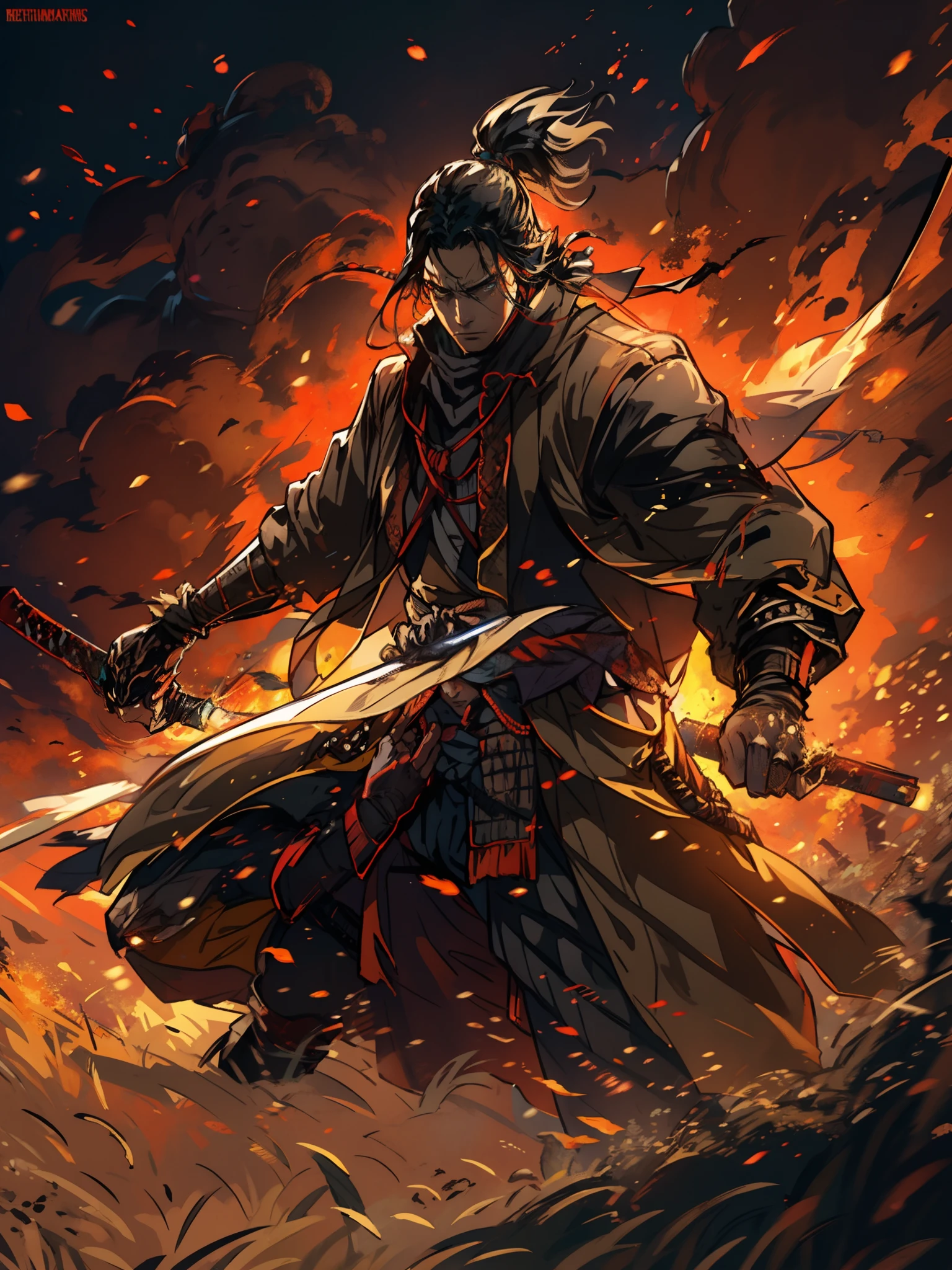 1 hombre, sekiro, las sombras mueren dos veces, elden ring, chispas, rodeado por fuego, pose de combate.