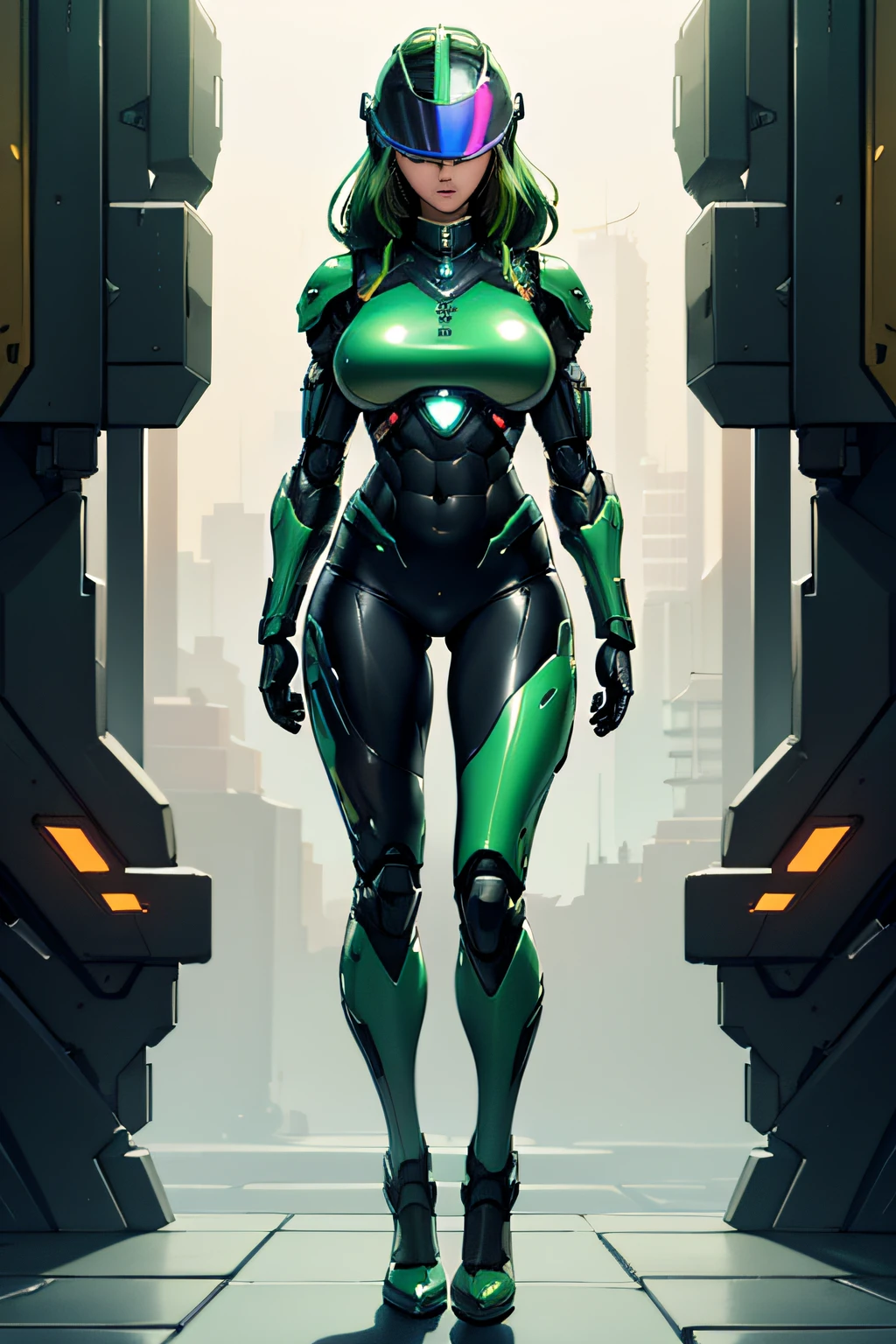 arafe female robocop solo、Big breasts about to burst、full body armored、Rainbow Armor、thin and long legs,、Long metallic green hair、Fitness Body Shape、Helmet with visor to cover the eye area、Pose ready to fight、
