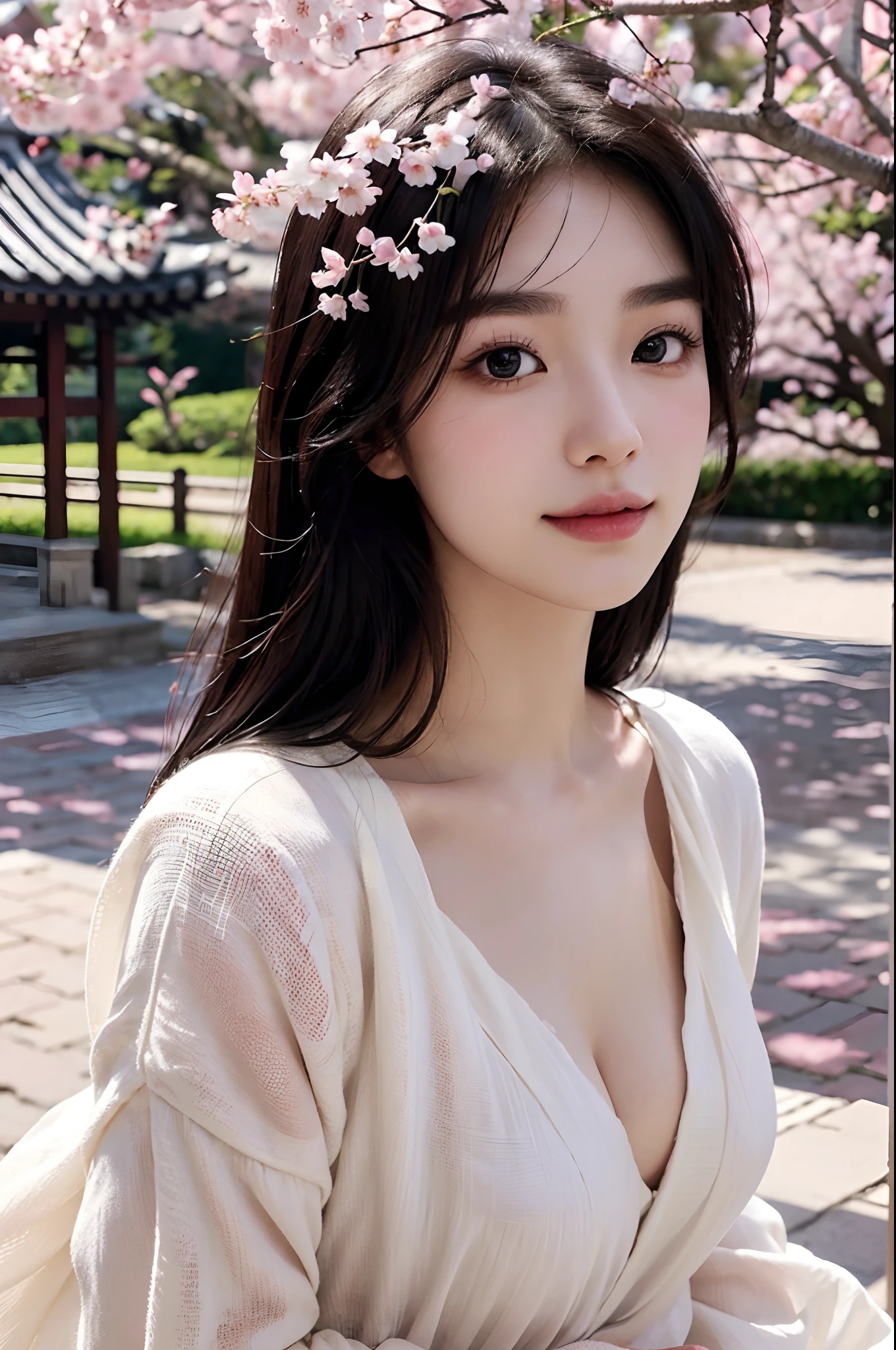 (A logo、​masterpiece、8K、masutepiece、Raw photo、Fantastic、Best Quality、Photorealistic、extremely detailed CG unified 8k wallpaper、hightquality、ighly detailed、epic poem、Particle effect、Dynamic effects、depth of fields、Cinematic Light、Lens Flare、Ray tracing)、Fantasia、 (Beauty 1 person、White Japanese Clothing、Japanese dress、White cherry blossom pattern、White cherry blossom embroidery pattern、A dark-haired、Beautiful face、Real Face、Beautiful detail eyes、Beautiful skin)、Hair flutters in the wind、Hair jumps、Pink cherry blossom tree、Petals flutter、Sakura blizzard、Superb view、morning glow、Sun in the background、the wind、Deities、tusk、myth、Vast Land、
