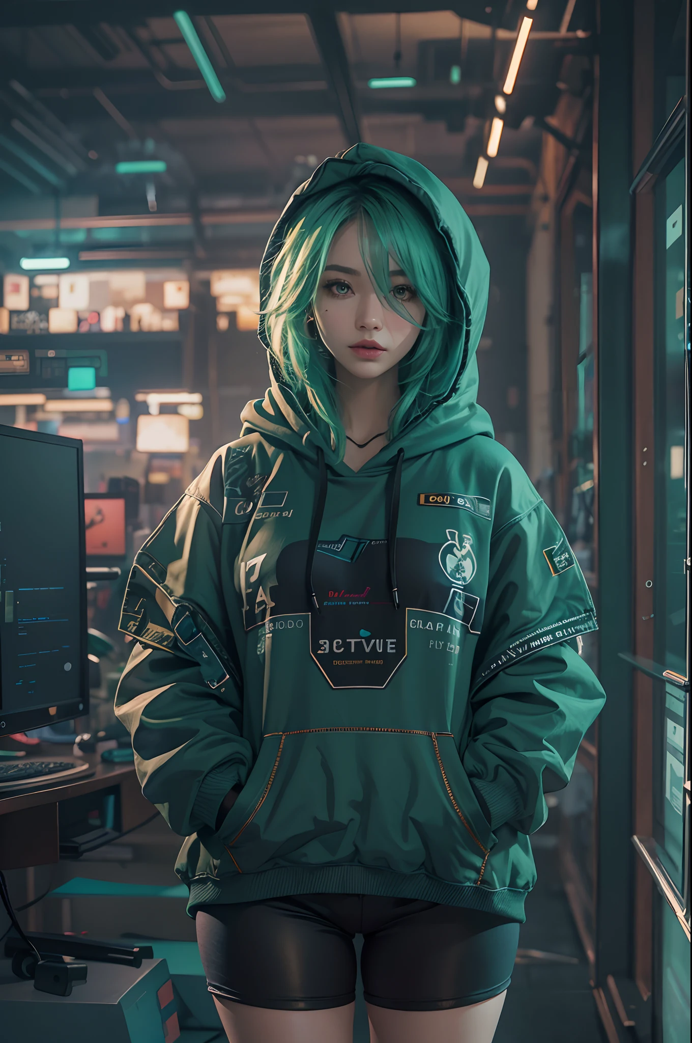 Gamer,Woman,Hoodie,Curvy,8k,4k,Resolution,Earth,Body,Cyber,Green Hair,Lovely,Hands in pocket