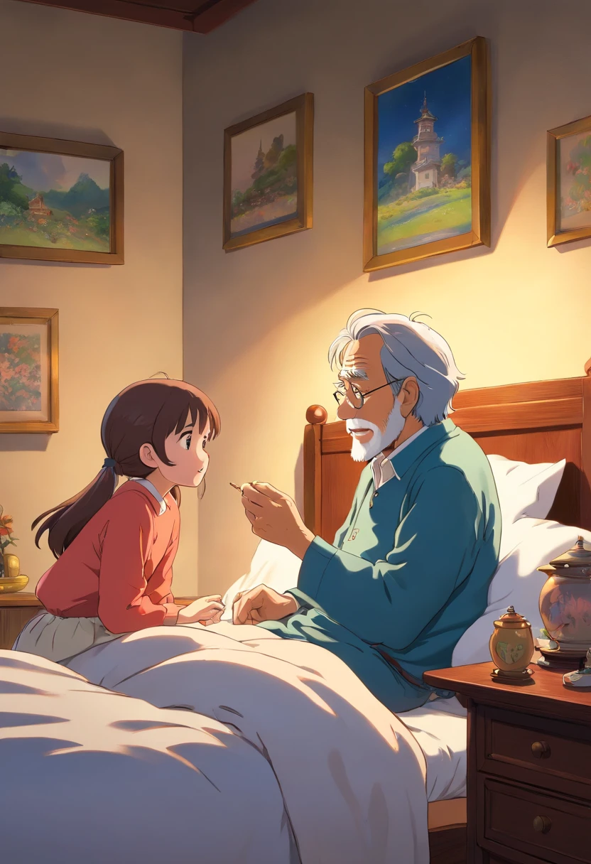 a grandfather telling a story to his granddaughter at bedside