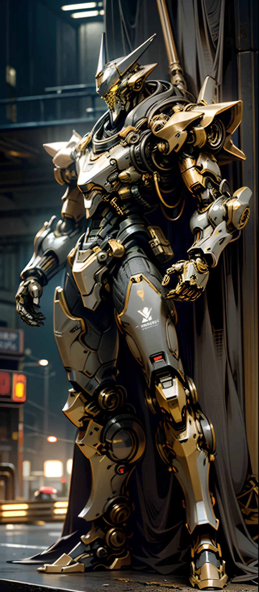 Dark_Fantasy,Cyberpunk,(black and gold armor:1.1),1man,Mechanical marvel,Robotic presence,Cybernetic guardian, wearing a worn-out mech suit, intricate, (steel metal [rusty]), elegant, clear focus, soft lighting, vibrant colors, masterpiece, ((night street)), dynamic pose, glowing armor