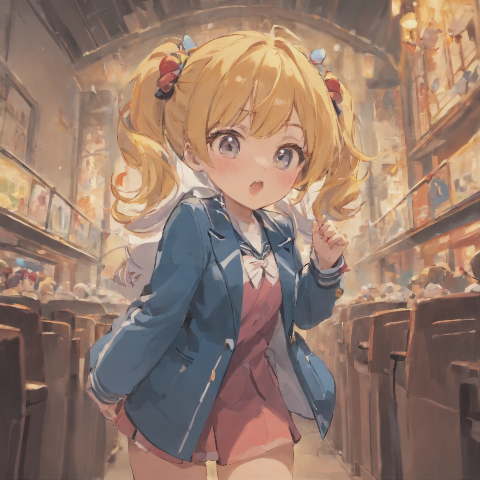 Very cute chibi anime girl, Mini Characters、Solo, Simple background, Beautiful twin tails 、 Pretty girl、Cute Chibi、 Dark blue blazer, Pink skirt、High School Uniform, Full body ,I'm insanely surprised、 I was very surprised.、Highly detailed face and eyes, The contours are clear、I put my hand on my cheek and was surprised.（Oh My Gar）