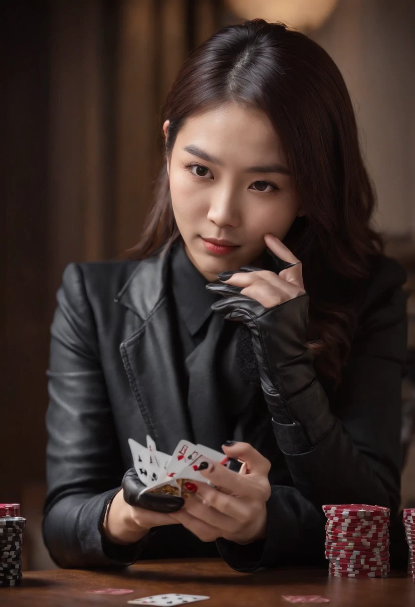 A young Japanese woman with a black suit up to a shirt and playing cards with black leather gloves on both hands