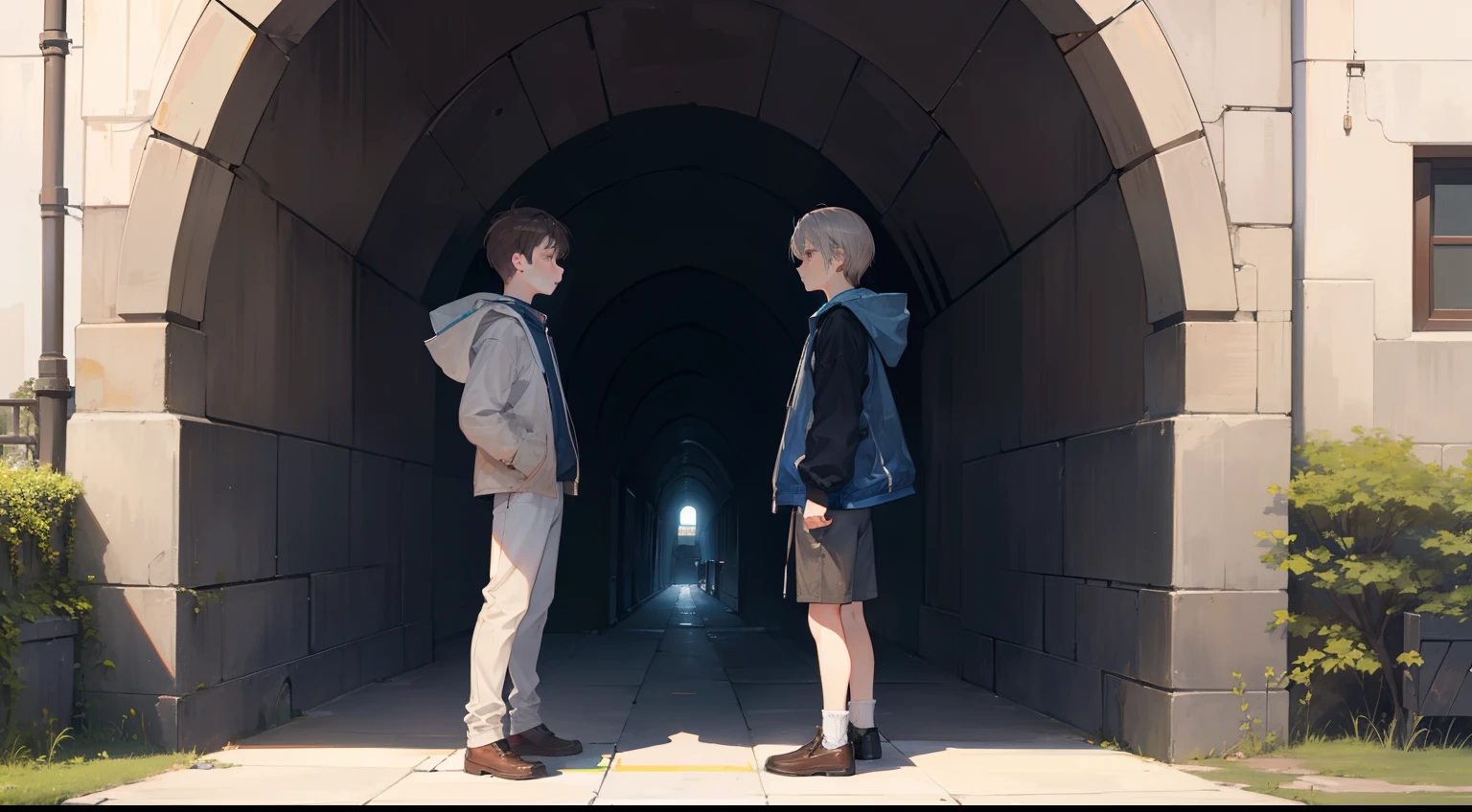 Two Boys, Silver-haired boy and brown-haired boy, Two people standing in front of a tunnel、A clear day、Boys Love、Talking、hight resolution、ultra-detailliert