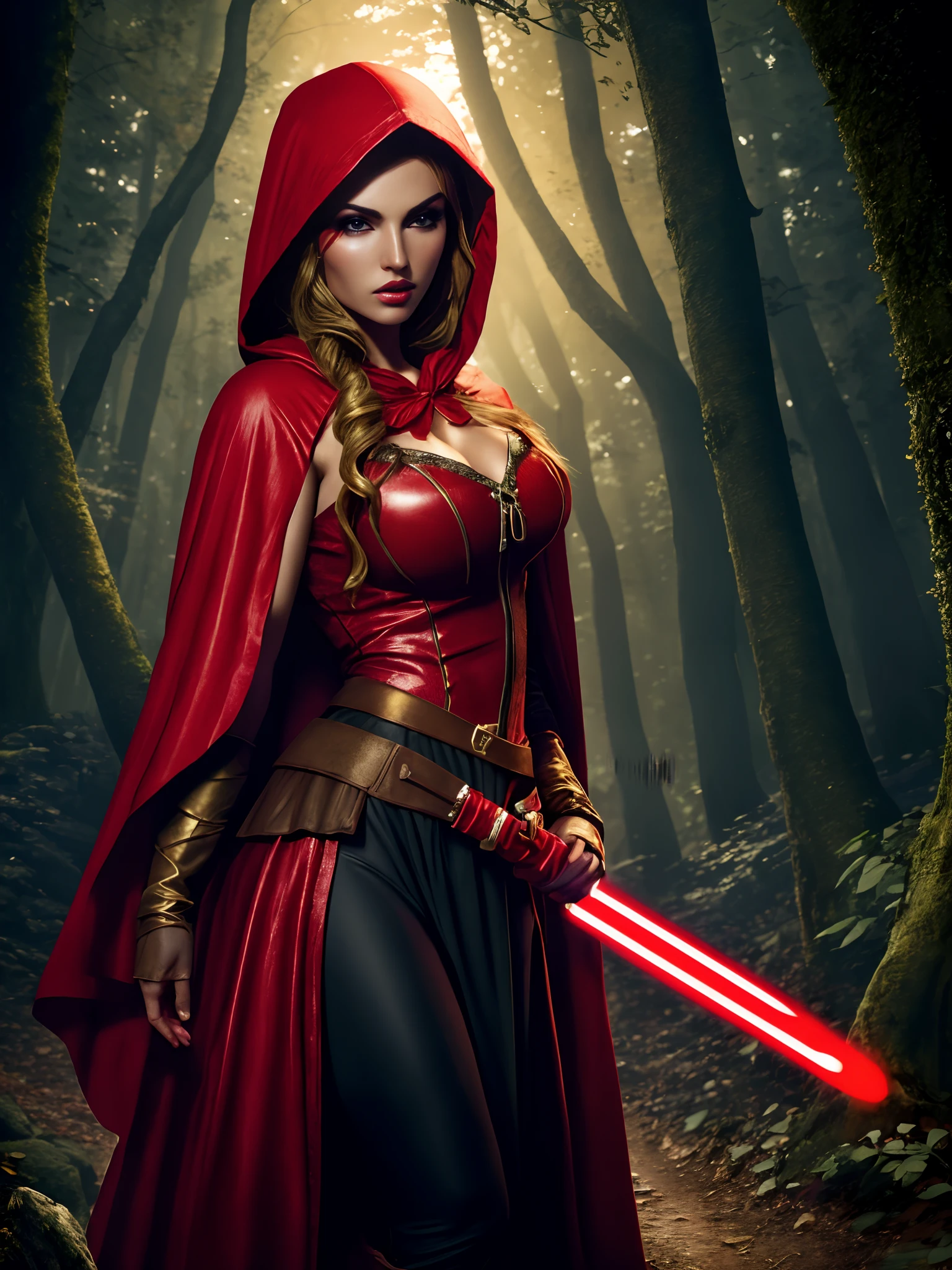 extremely beautiful red riding hood, subtle makeup, golden hour, photorealistic, high contrast, 8k HD, detailed, hyper-detailed, realistic skin texture, covered with red hood, big breast, best quality, ultra high res, raw photo, dramatic lighting, unreal engine, diffuse glow, intricate red hood, outdoor, realistic detailed dark forest, holding light saber